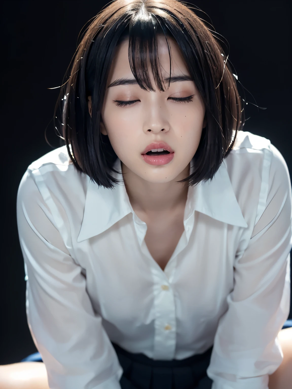 (close eyes:1.5),(masterpiece:1.2), (highest quality), (visible all over:1.3) ,(Super detailed), (8K, Complex), (lens 135mm,F1.8), (realistic)(black background:1.3), portrait photography, side lighting,edge lights up,best shadow,Area light source,perfect anatomy,perfect face shape,perfect for women,finest female body,improves skin texture,fine cloth pattern,Precise beauty,delicate and delicate skin，highly detailed skin，pale skin，delicate hair，glowing skin，Highly detailed face and skin texture, shiny skin, vivid details, supe realistic, Fine and beautiful skin, 1 female, , japanese woman, (natural breast), ((bob hair, short hair, straight hair, bangs:1.3))，perverted woman, (school uniform, white blouse, Navy blue Pleated Skirt, nipple), (((Cowgirl))), A buttoned-up shirt flaps), gold necklace, (((frown、open your mouth、narrow your eyes))), (((from below:1.5, looking at the viewer:1.3, close up))), Female dog, NSFW, wet hair, wet face