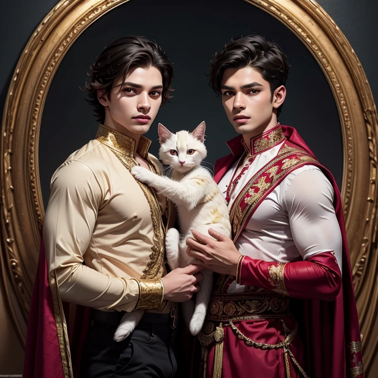     A masterpiece of the highest quality  ,  official art ,  beautiful  , aesthetic, 2 boys hold a fluffy white kitten Manula in their arms ,  naked torso , colored haircuts ,  short white hair  , puffy nipples on his chest,  nectar drips onto puffy nipples !  very detailed  ,  fractal art  , Colored background, The most detailed , фон с цветами и деталями различных цветов и распустившим свой  beautiful  хвост павлином ,  hummingbirds  ,  birds of paradise  !