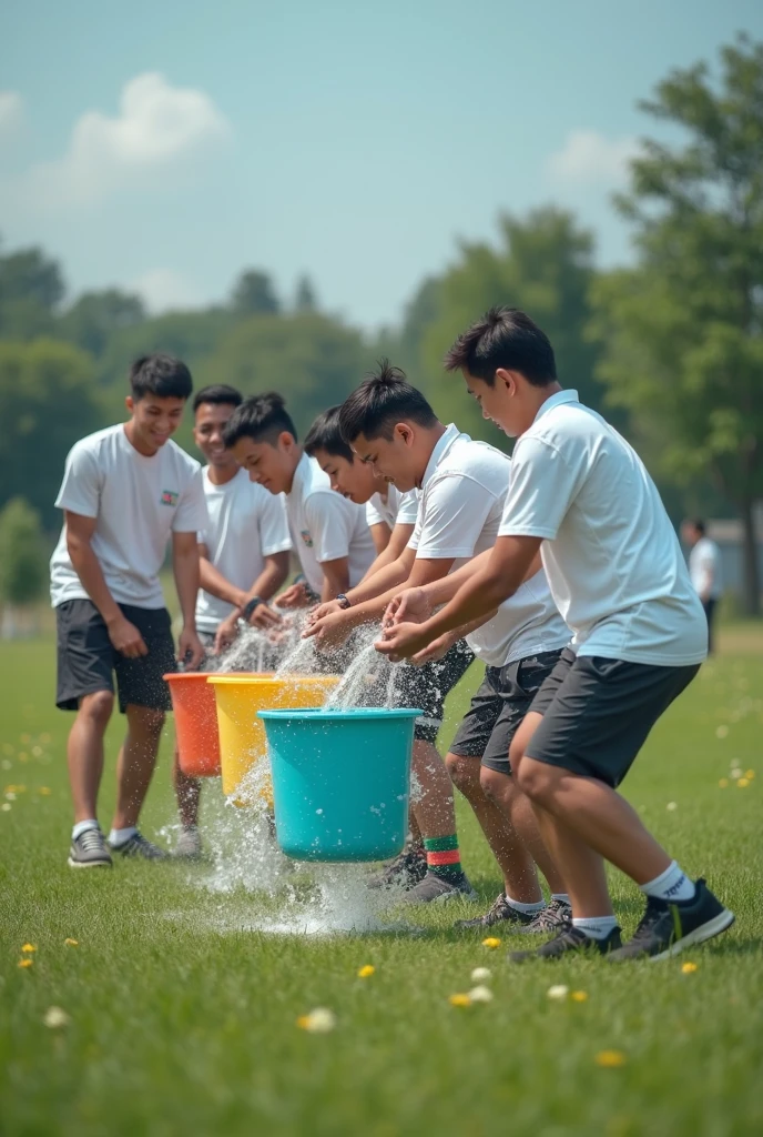 two buff surprised soaking wet twenty year old frat bros with soaked hair wearing soaked hockey uniforms. several hockey players in briefs pour buckets of water over them.