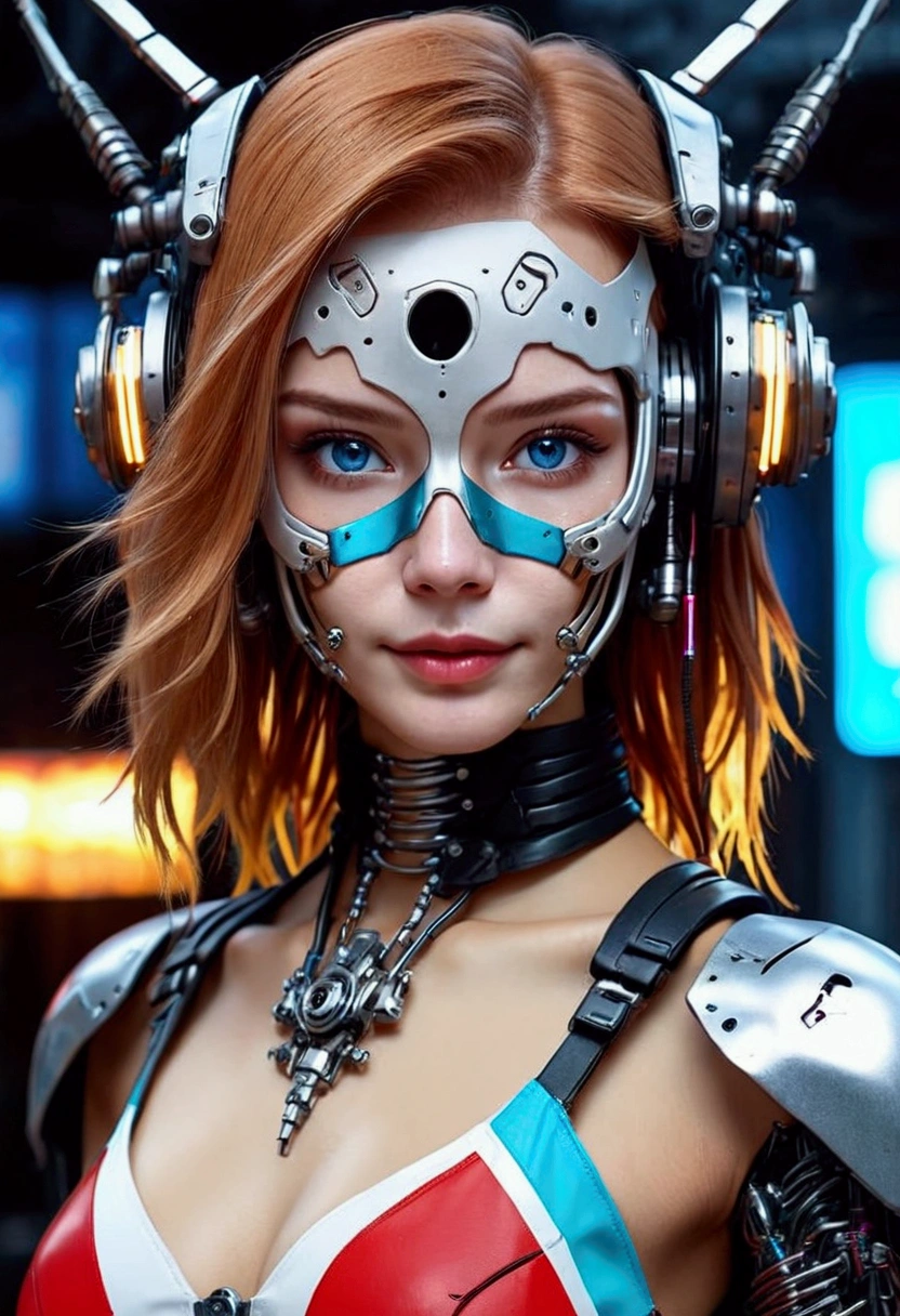 high angle photo of a gorgeous 34 year old woman, healthy skinny,short, small, realistic skin texture, looks up, smiling, big lips, little noose, sexy (red steampunk clothes), steampunk cosplay, (red hair with blue mops), blue hair mops, little boobs, small boobs,flexy boobs, small tits,skinny, posing on the street, night city(cyberpunk), street shops in the background, neon lights, 1 / 2 body crop, 21 5 mm art lens, f 1. 1, sharp focus, 8 k high definition, insanely detailed, intricate, elegant, photorealistic, real life, big shoulder, little neck, long lash, full lips, big lower lip, photo like, realistic picture, synmetric eyes