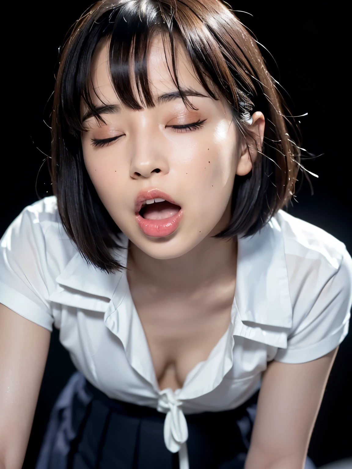 (close eyes:1.5),(masterpiece:1.2), (highest quality), (visible all over:1.3) ,(Super detailed), (8K, Complex), (lens 135mm,F1.8), (realistic)(black background:1.3), portrait photography, side lighting,edge lights up,best shadow,Area light source,perfect anatomy,perfect face shape,perfect for women,finest female body,improves skin texture,fine cloth pattern,Precise beauty,delicate and delicate skin,highly detailed skin,pale skin,delicate hair,glowing skin,Highly detailed face and skin texture, shiny skin, vivid details, supe realistic, Fine and beautiful skin, 1 female, , japanese woman, (natural breast), ((bob hair, short hair, straight hair, bangs:1.3)),perverted woman, (school uniform, white blouse, Navy blue Pleated Skirt, nipple), (((Cowgirl))), A buttoned-up shirt flaps), gold necklace, (((frown、open your mouth、narrow your eyes))), (((from below:1.5, looking at the viewer:1.3, close up))), Female dog, NSFW, wet hair, wet face