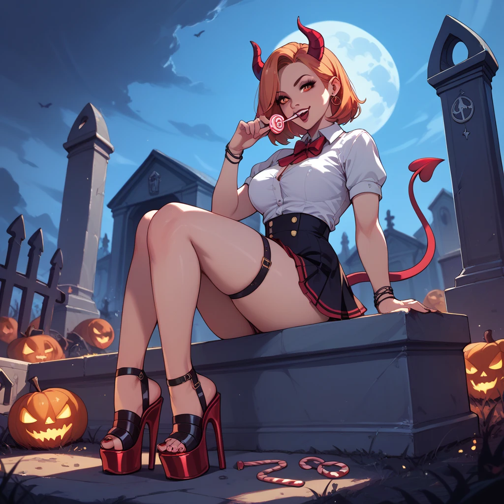 girl in short skirt, neckline, platform heels and devil's tail asking for candy at midnight in a cemetery 