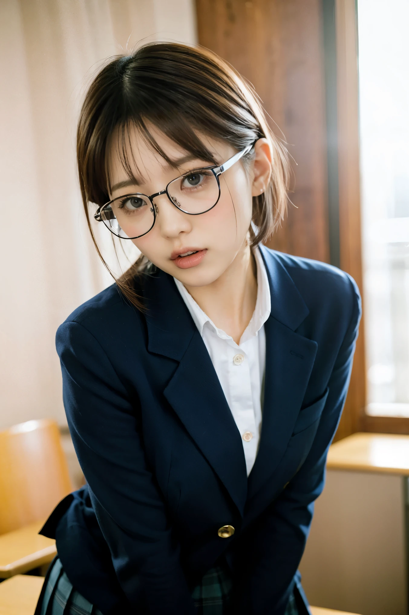 1girl,black-framed glasses,leaning forward,Perfect hands,panty pull,school uniform,shortcut hair,Navy blue blazer,pleated skirt,tongue out,Looking Down and Sleepy,school background,warm sunset lighting,bright and energetic atmosphere,detailed face,beautiful detailed eyes,beautiful detailed lips,extremely detailed eyes and face,long eyelashes,photorealistic,8k,best quality,masterpiece,highly detailed,vibrant colors,cinematic lighting,soft focus