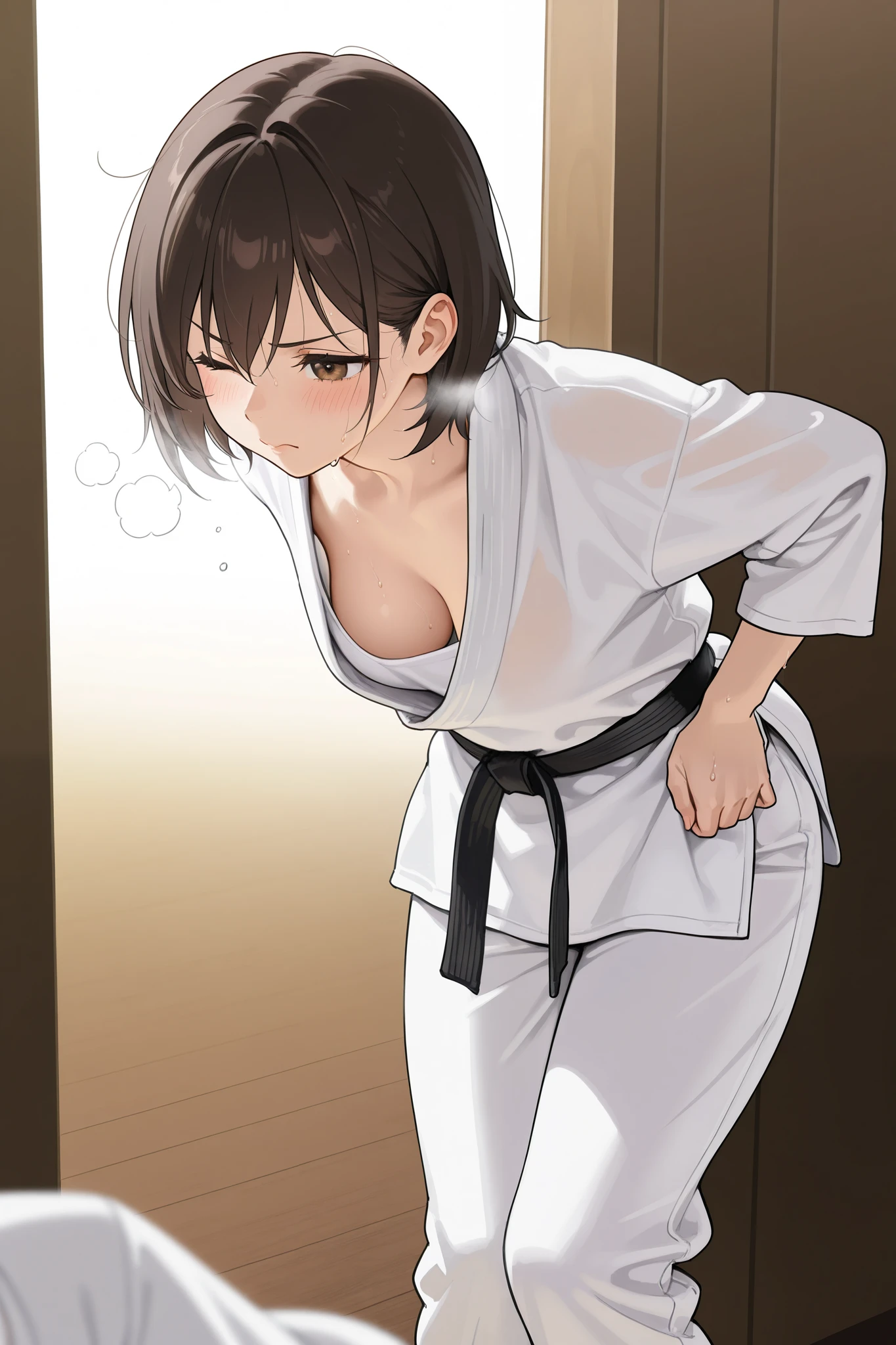 A female karate practitioner struggling in kumite, bending forward and suffering、downblouse、 adult woman、hand,side view、from side,fight、 Active Angle 、 dynamic composition 、karate outfit, white t-shirt, white pants、stable_Yogis_Animetoon_Negatives、wince、sweat、anxiety、Bad mood、blush、serious、 shortness of breath、Inside the dojo