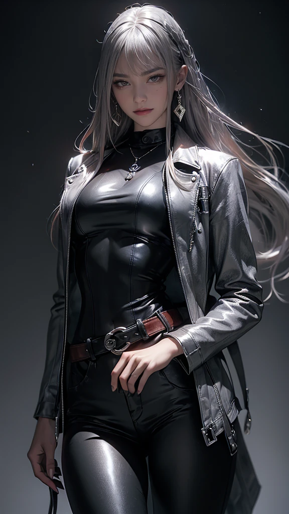 photorealistic, high resolution, 1 women, solo, hips up, look at viewer, (detailed face), white hair, long hair, medium breasts, detective costume, gloves, trench coat, smile
