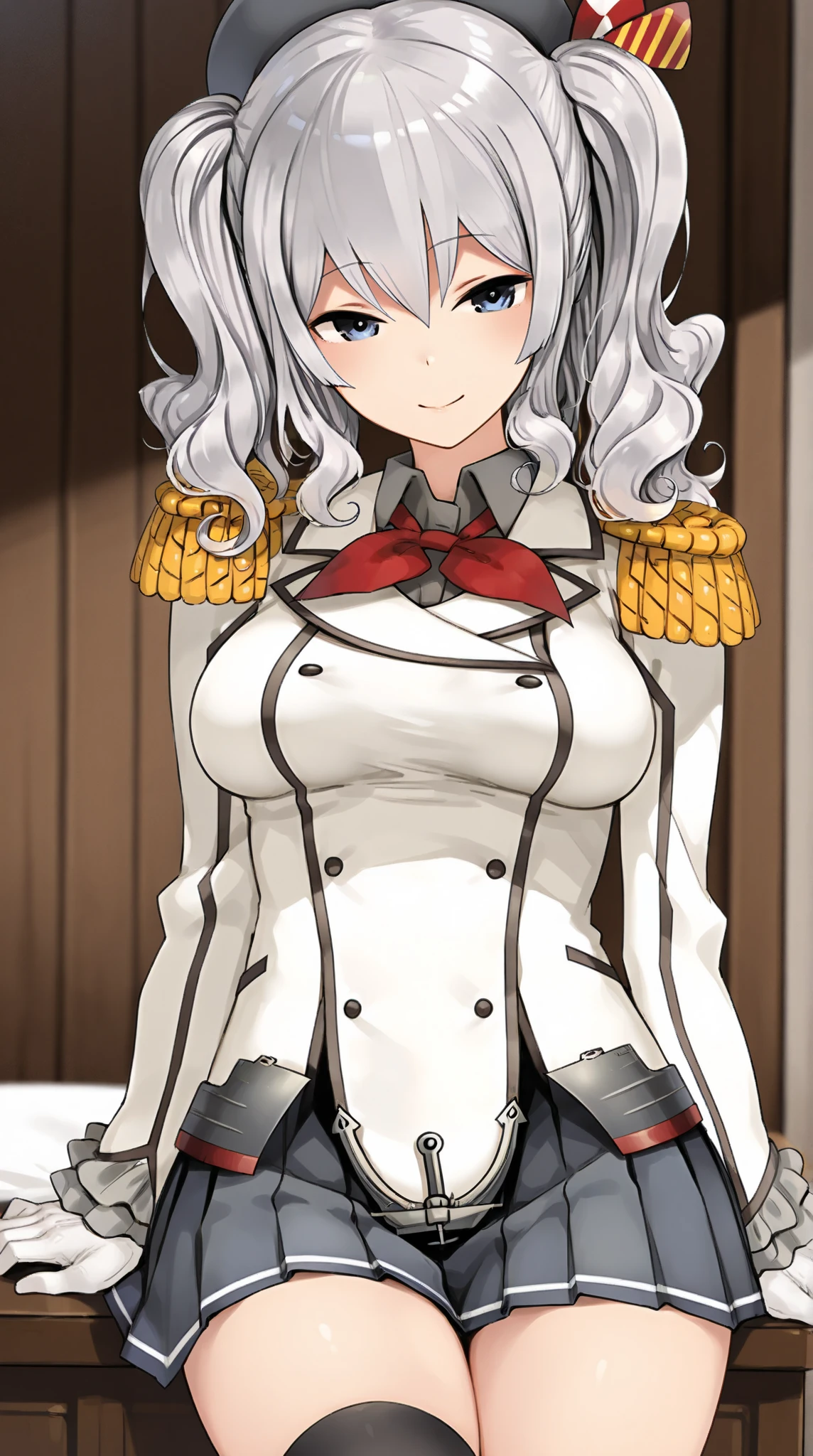  Young Beautiful Woman,(masterpiece:1.3, top quality :1.3, very detailed depiction:1.3, incredible high resolution:1.3,Beautiful legs, healthy legs,Curvaceous Body,High quality anime drawings),(Kashima/( kancolle /):1.2), pleated skirt, black knee-high socks, blue eyes,loosely wavy silver hair , black beret,Outfit , twin tails, white formal uniform with epaulettes,