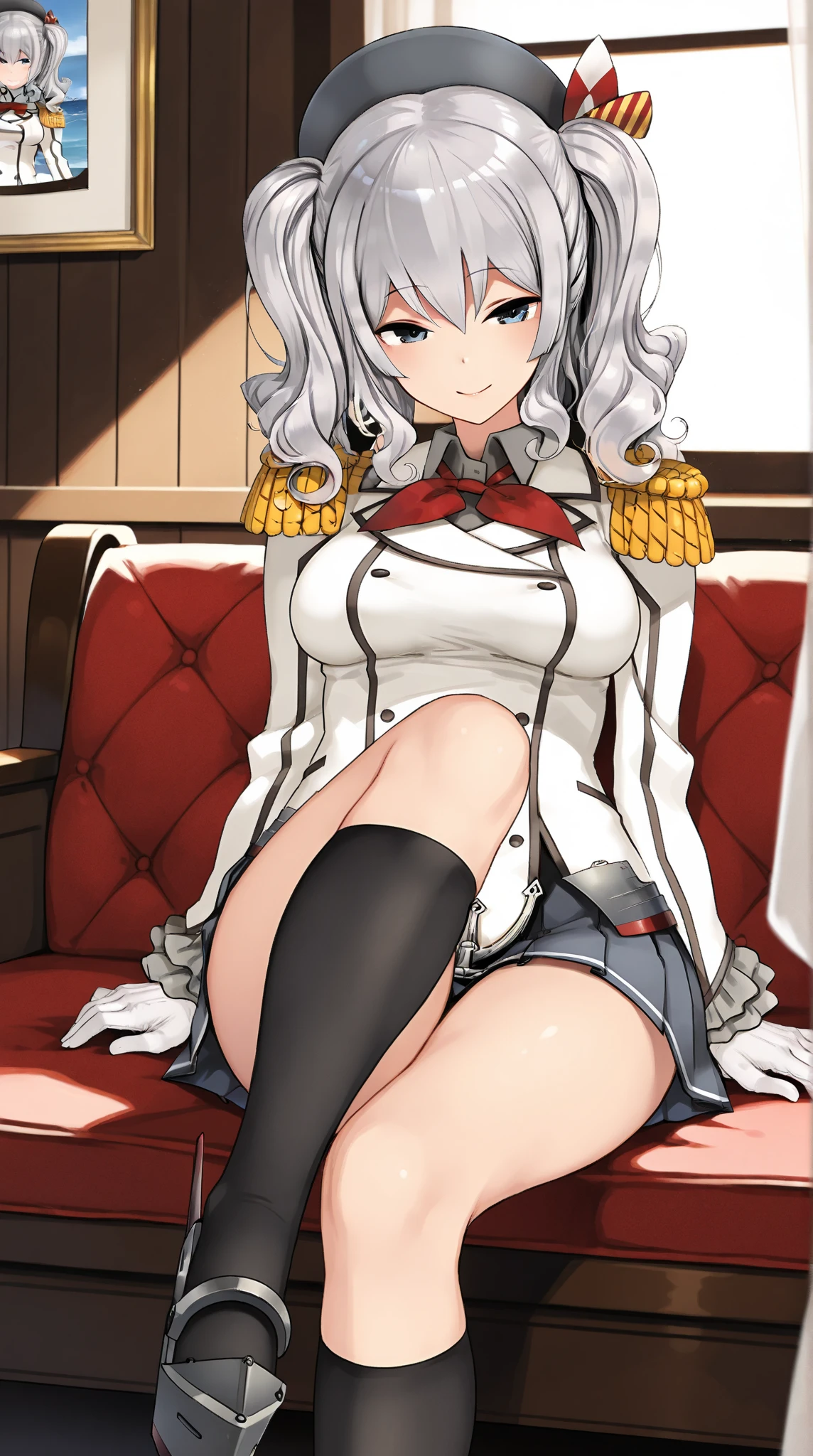  Young Beautiful Woman,(masterpiece:1.3, top quality :1.3, very detailed depiction:1.3, incredible high resolution:1.3,Beautiful legs, healthy legs,Curvaceous Body,High quality anime drawings),(Kashima/( kancolle /):1.2), pleated skirt, black knee-high socks, blue eyes,loosely wavy silver hair , black beret,Outfit , twin tails, white formal uniform with epaulettes,