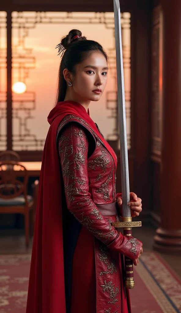 (Hold the  ancient Chinese Sword with both hands,  Ready  for battle,  Side view standing in Chinese Palace, sunset, Front view, Full-body,   ancient Chinese girl, name is Shin Sekyung, 2 century, looking at viewer, beautiful Chinese  Young General,  girl is 22-age, serious, (ears decoration earring), (middle breasts, middle hip), (ancient Chinese costume, Red decoration leather armor emboss armor of dragon ,  leather inner clothes,  put shoulder Red Cloak ),(ancient Chinese shoes),   (a ancient Chinese sword ), (masterpiece, highest quality, High resolution, Photo realistic, sharp, RAW Photos, wallpaper, perfection, Professional Lighting, Very detailed)