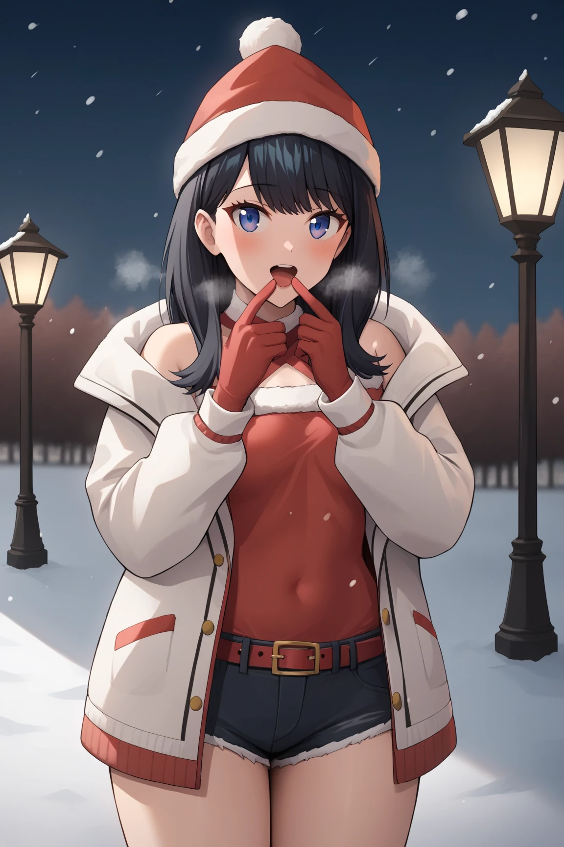 score_9,score_8_up,score_7_up, source_anime, winter, snow, snow field, (((outdoors))), (((park))), night, looking_at_viewer, red cheek, open mouth, She is breathing to white breath has both hands on mouth, red knitted gloves, takarada_rikka, standing, 1girl, solo, simple red christmas costume, santa hat, Off-Shoulder, ((Red Booty shorts)), christmas, thighs, masterpiece, best quality, very aesthetic, ultra detailed, absurdres, 