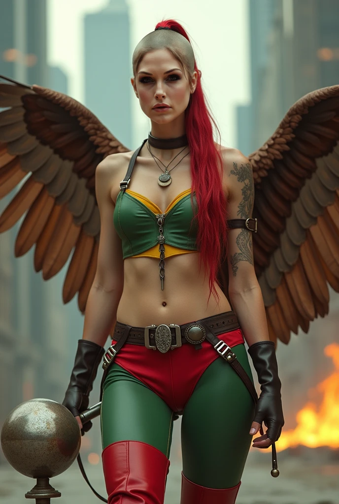 (((In extreme close-up a beautiful red-haired woman (((wearing a green leather top with yellow))) in the middle and (((Cali green leggings with red shorts or thong over the leggings))) red boots on a sheepdog Mace in a metal ball placed on the end of a cane or metal handle with rounded protuberances without spikes giant brown falcon wings that cover his entire body brown harness on his chest tattoos on one of his arms a long braid waving in the wind flying between the skyscrapers shouting on the warpath or in battle)))
