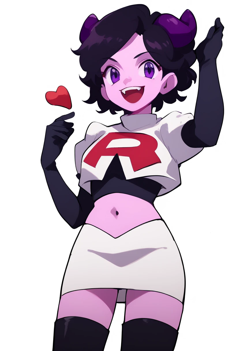 jellybean_yt, solo, looking at viewer, smile, short hair, open mouth, black hair, 1girl, white background, purple eyes, female focus, horns, teeth, colored skin, fangs, team rocket,team rocket uniform,white skirt,red letter R,crop top,black thigh-highs,black elbow gloves, source