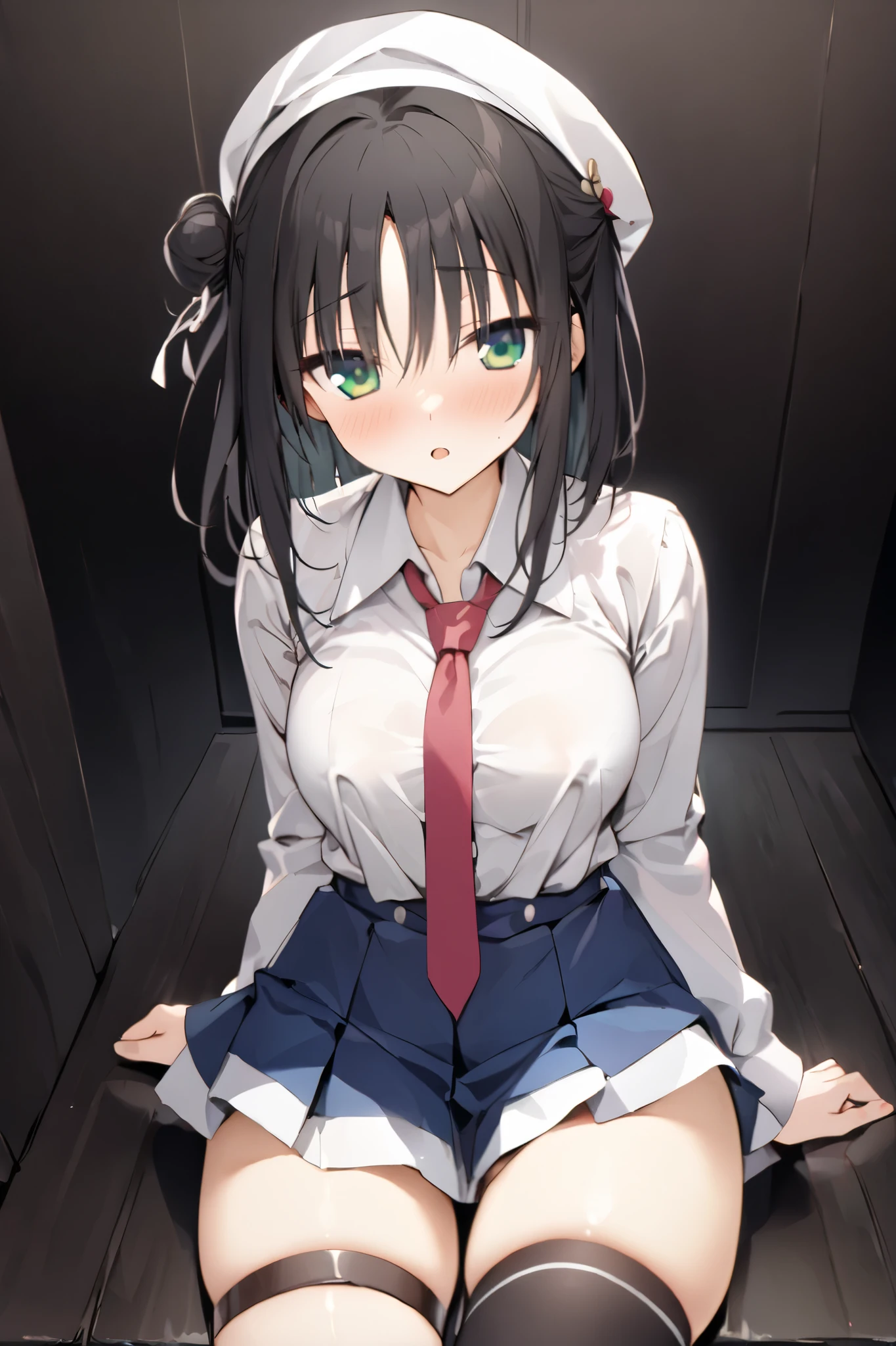 NSFW,masterpiece, top quality , high res, very detailed,Hitachi Moko、Yuzu Soft、 black hair、 medium hair、Green Eyes、 、 medium bust、 bun hair 、 single bun、 single sided bun、 Tassel Headwear 、 ties、赤い ties、Best、青いBest、 shirt、白い shirt、襟付き shirt、 Long Sleeve 、 Blue Skirt 、 miniskirt、 pleated skirt、 thigh high socks、白い thigh high socks、 thigh strap 、 absolute domain、shoes、 pink footwear 