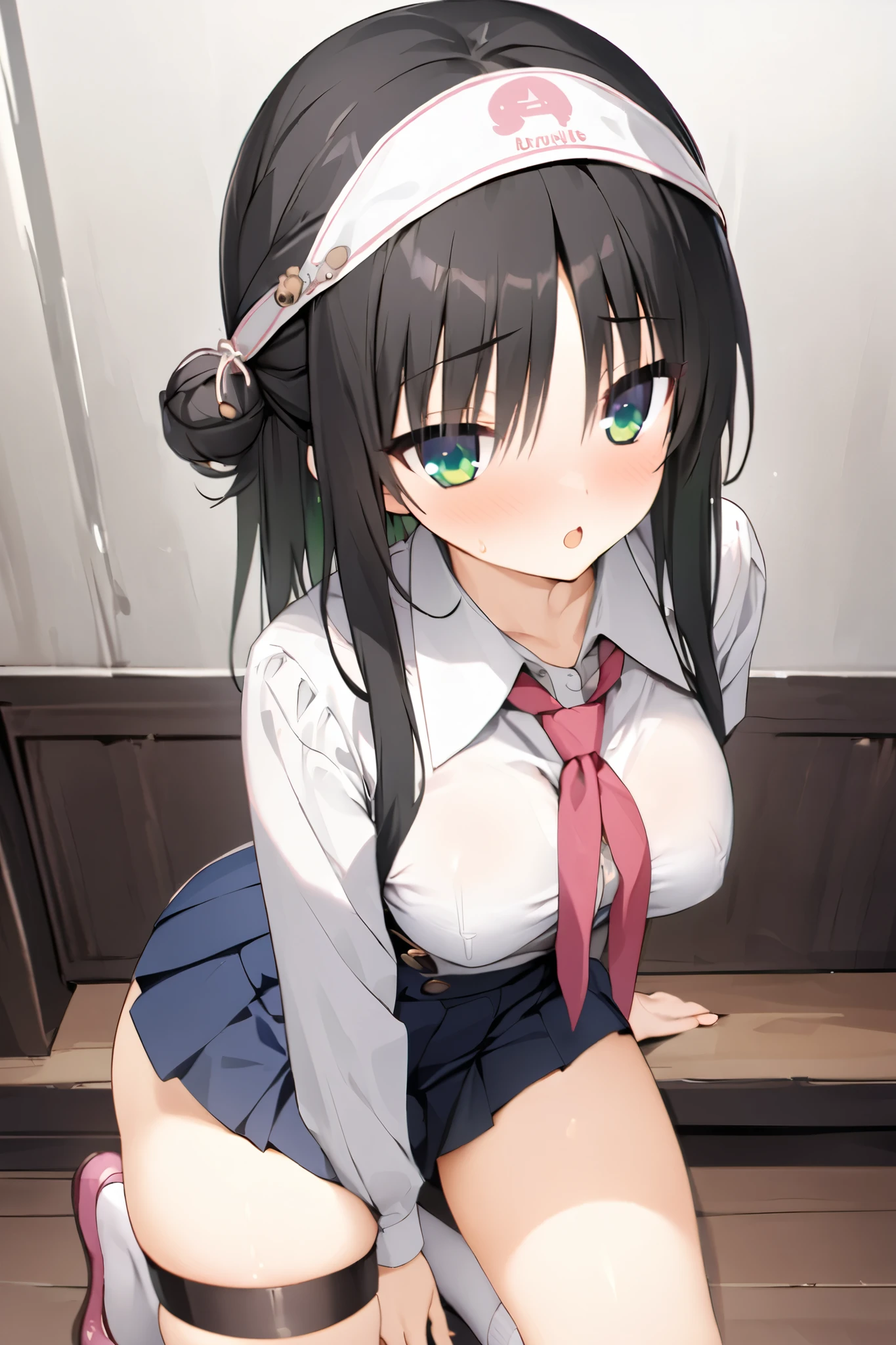 NSFW,masterpiece, top quality , high res, very detailed,Hitachi Moko、Yuzu Soft、 black hair、 medium hair、Green Eyes、 、 medium bust、 bun hair 、 single bun、 single sided bun、 Tassel Headwear 、 ties、赤い ties、Best、青いBest、 shirt、白い shirt、襟付き shirt、 Long Sleeve 、 Blue Skirt 、 miniskirt、 pleated skirt、 thigh high socks、白い thigh high socks、 thigh strap 、 absolute domain、shoes、 pink footwear 