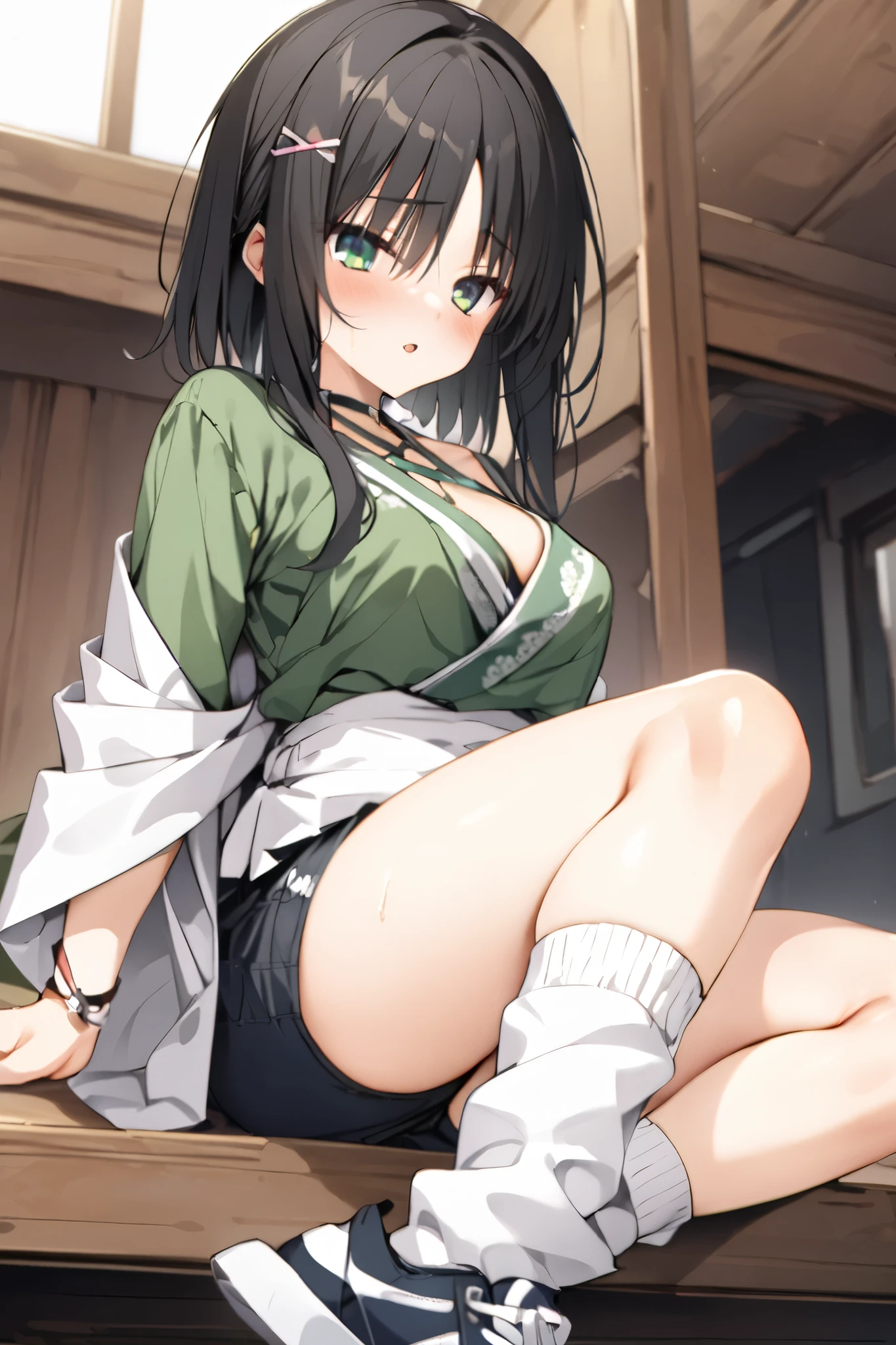 NSFW,masterpiece, top quality , high res, very detailed,Hitachi Moko、Yuzu Soft、 black hair、 medium hair、Green Eyes、 、 medium bust、side lock、 short hair and long hair、、x Hair accessories、 hair clip、 green shirt 、 halter neck 、 cross halter、 kimono、White clothing、 short kimono、band、 SHORTS、 white socks、 ankle socks 、 sneakers