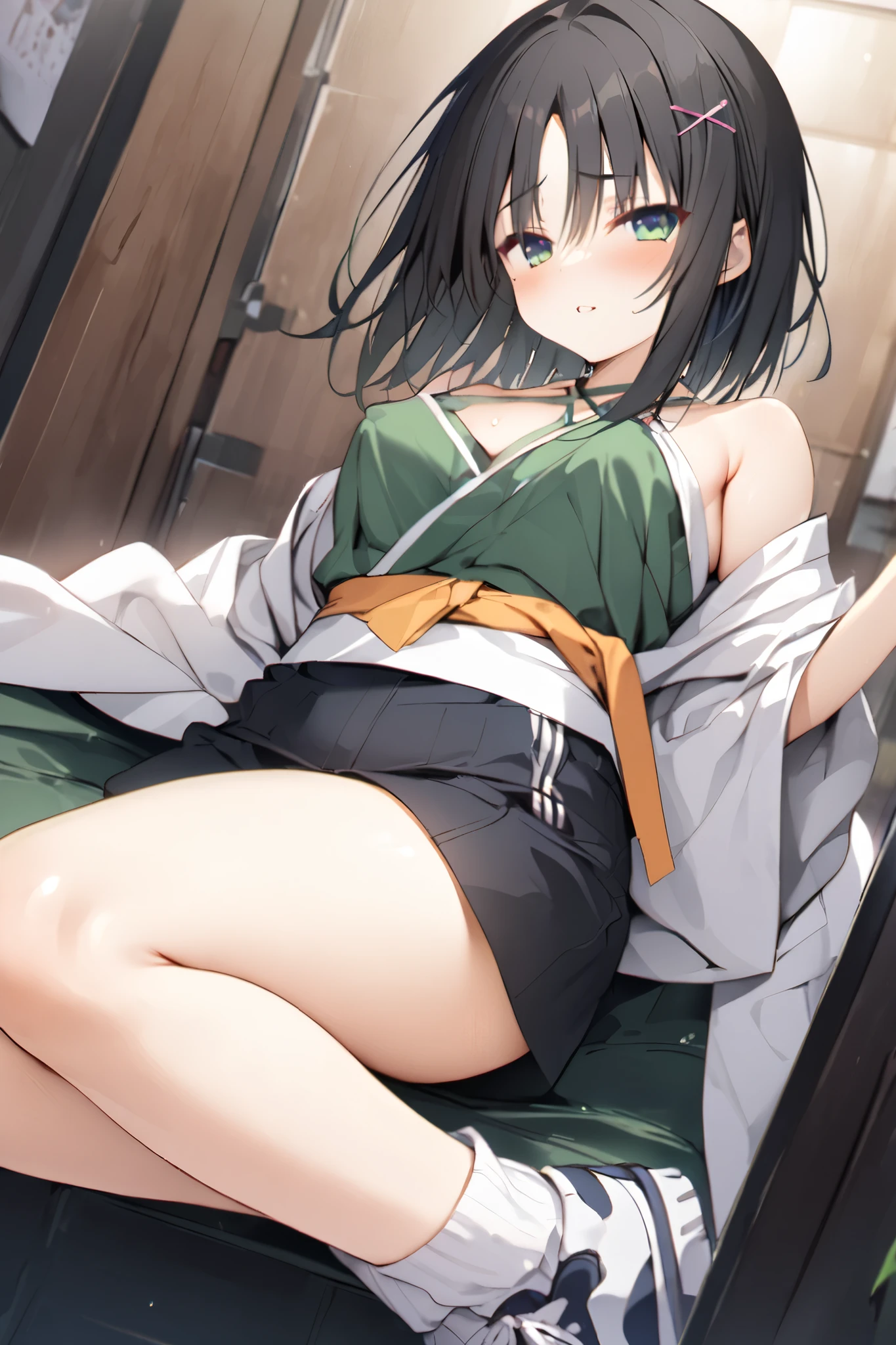 NSFW,masterpiece, top quality , high res, very detailed,Hitachi Moko、Yuzu Soft、 black hair、 medium hair、Green Eyes、 、 medium bust、side lock、 short hair and long hair、、x Hair accessories、 hair clip、 green shirt 、 halter neck 、 cross halter、 kimono、White clothing、 short kimono、band、 SHORTS、 white socks、 ankle socks 、 sneakers