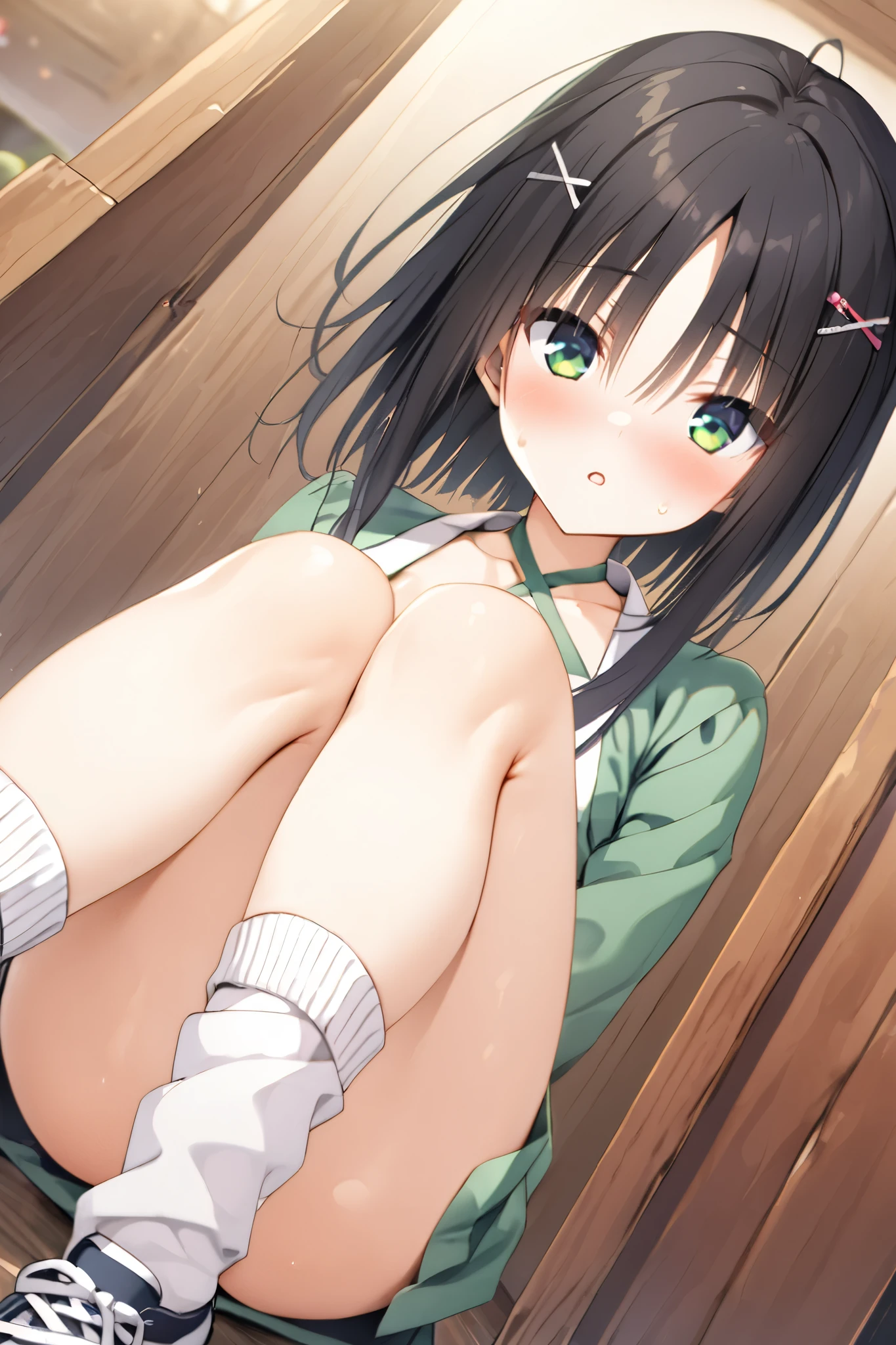 NSFW,masterpiece, top quality , high res, very detailed,Hitachi Moko、Yuzu Soft、 black hair、 medium hair、Green Eyes、 、 medium bust、side lock、 short hair and long hair、、x Hair accessories、 hair clip、 green shirt 、 halter neck 、 cross halter、 kimono、White clothing、 short kimono、band、 SHORTS、 white socks、 ankle socks 、 sneakers