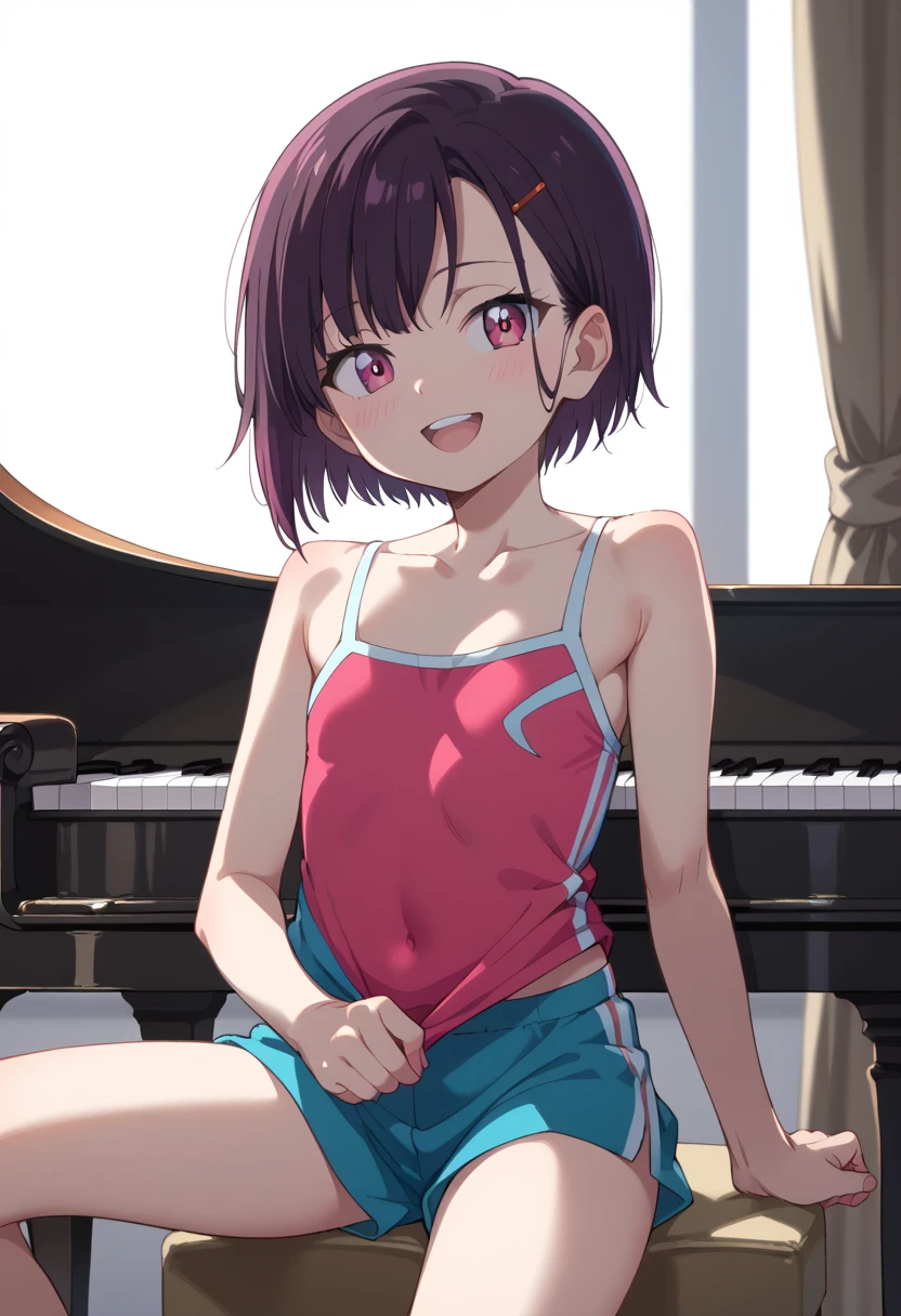 (( top quality )), ((masterpiece)), (be familiar with),  perfect face, indoor, bedroom,  Watching Viewers ,
One woman, Mikazuki Kan,
 open mouth,  ecstatic expression beside the piano, blush, smile,
 small ,  flat chest, Young girl, Lori,  kids,  girl,
Short Hair,  Shorthair,
Leg spread,