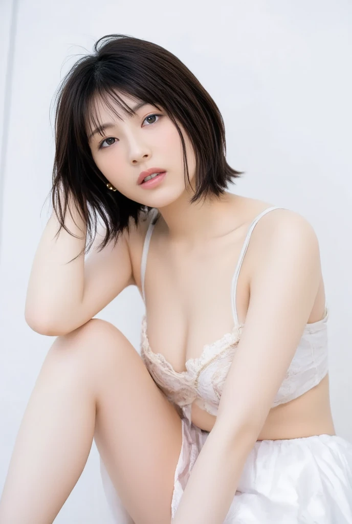 japanese woman, ((naked, huge breasts, skinny, very short cut, 25 years old:1.0)), ((looking at viewer:1.4)), ((Spread her legs:1.4)), inside bedroom.vaginal, penis, multiple views
