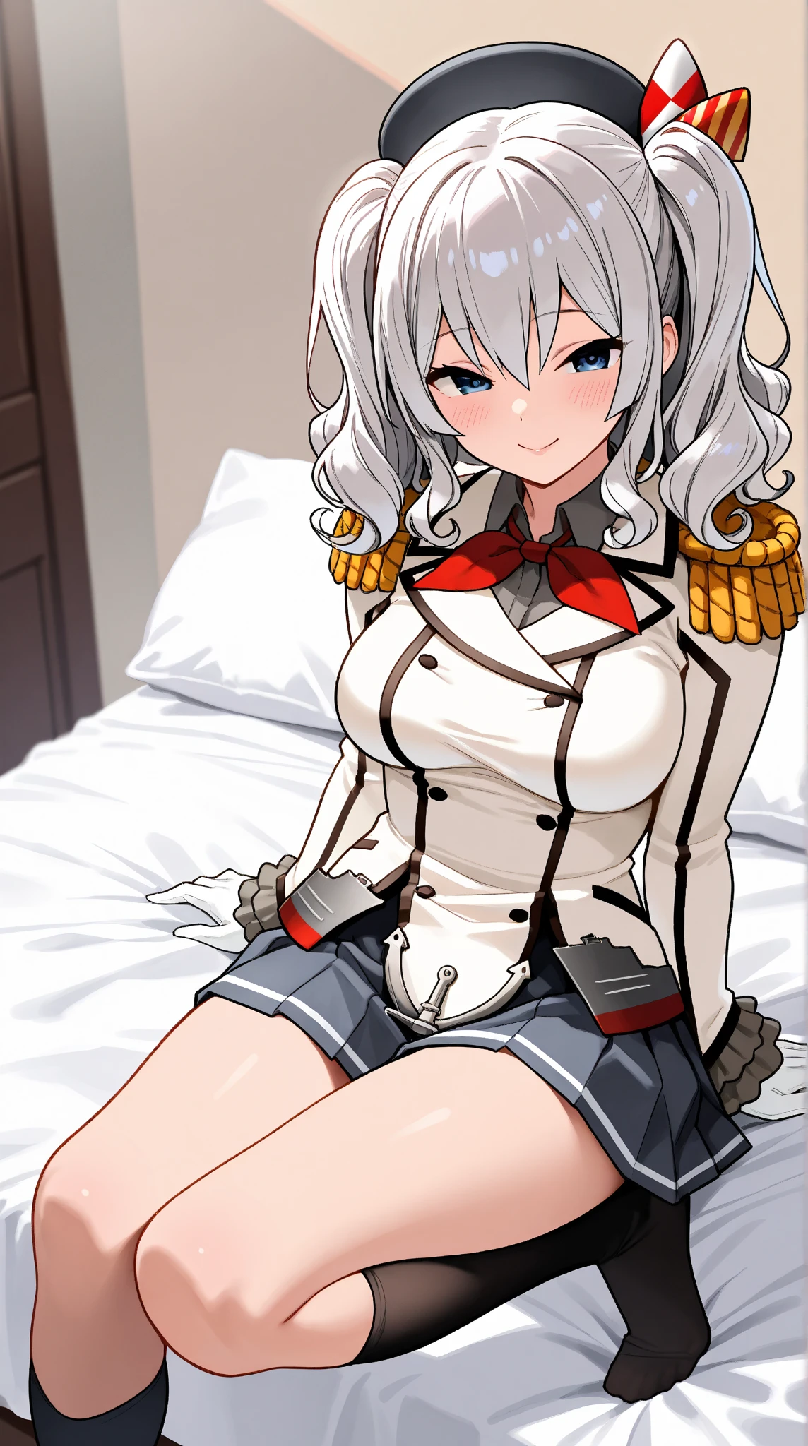  Young Beautiful Woman,(masterpiece:1.3, top quality :1.3, very detailed depiction:1.3, incredible high resolution:1.3,Beautiful legs, healthy legs,Curvaceous Body,High quality anime drawings),(Kashima/( kancolle /):1.2), pleated skirt, black knee-high socks, blue eyes,loosely wavy silver hair , black beret,Outfit , twin tails, white formal uniform with epaulettes,