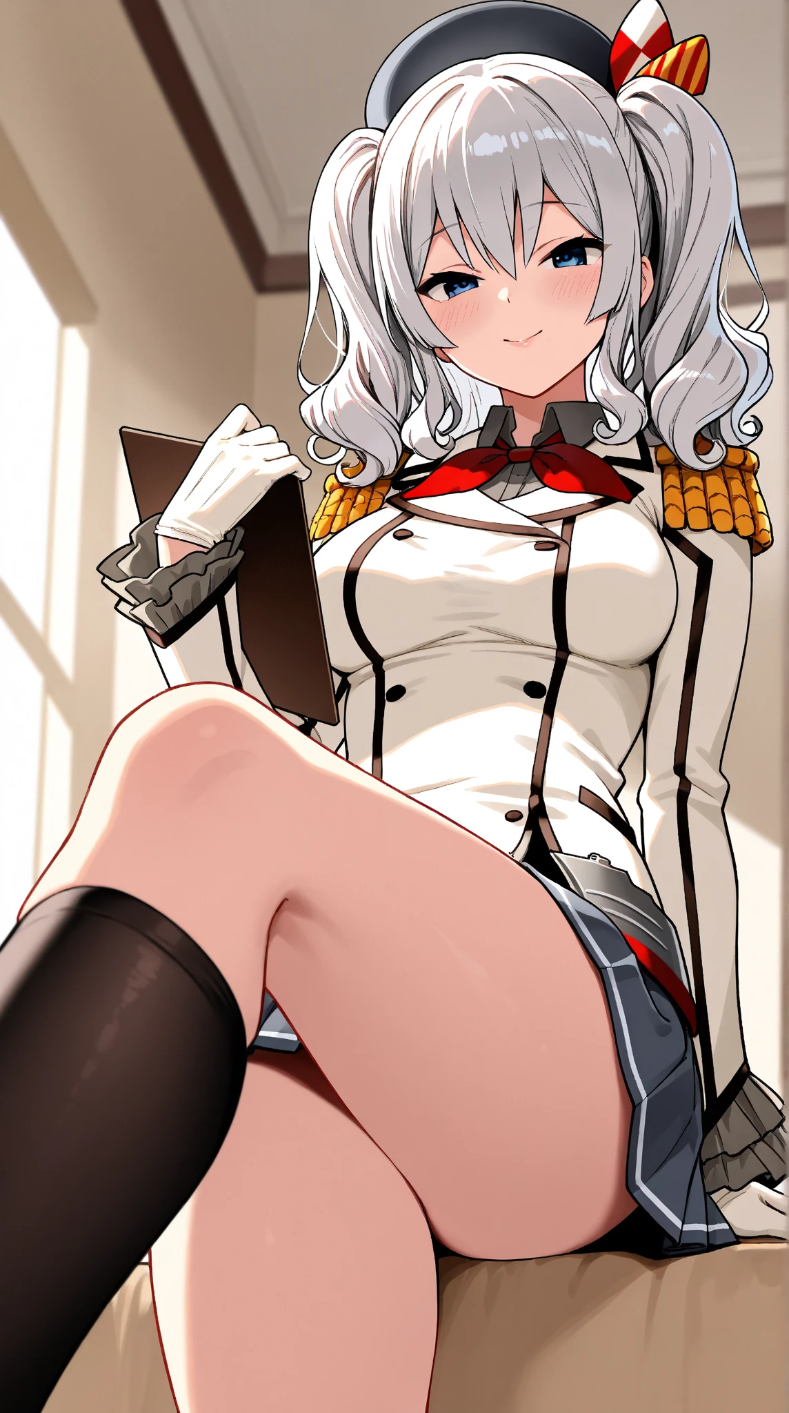  Young Beautiful Woman,(masterpiece:1.3, top quality :1.3, very detailed depiction:1.3, incredible high resolution:1.3,Beautiful legs, healthy legs,Curvaceous Body,High quality anime drawings),(Kashima/( kancolle /):1.2), pleated skirt, black knee-high socks, blue eyes,loosely wavy silver hair , black beret,Outfit , twin tails, white formal uniform with epaulettes,