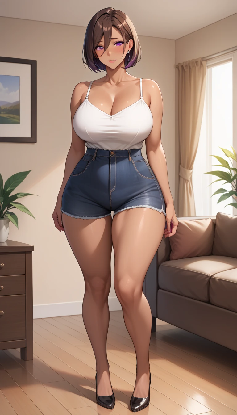 Sexy woman with big breasts athletic body afro hair with blonde hair and red hair wearing a bra with denim vest sneakers and a lace panties