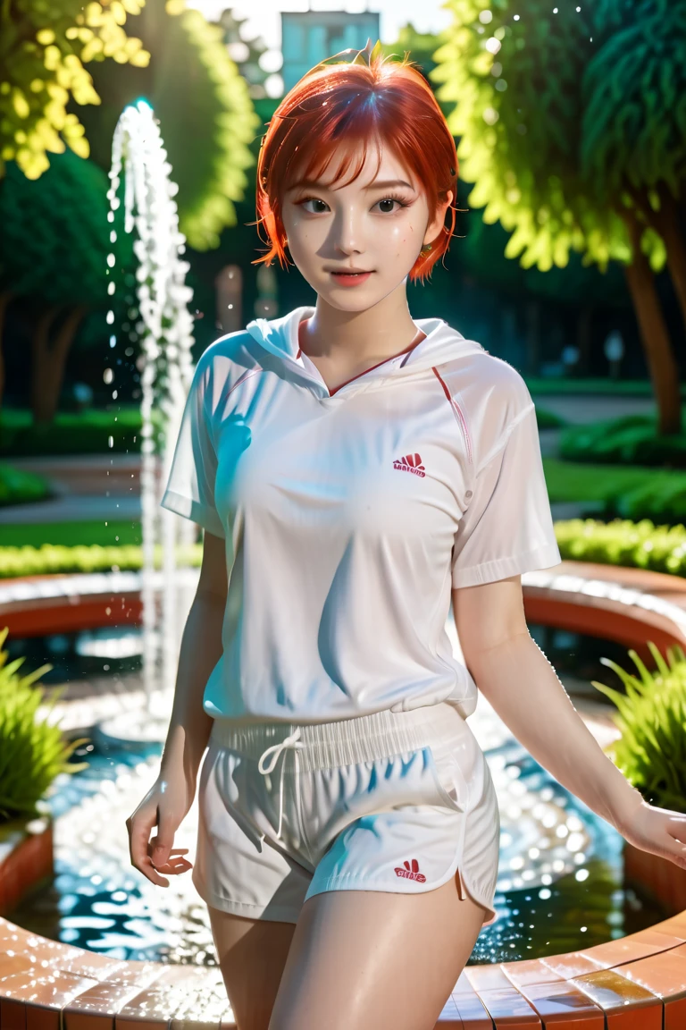  one girl,  red hair,  very short hair,  long lashes,  big eyes, A strong-looking face,  well-prepared face,  plump lips , white, fine skin, Sporty clothes ,　    jumping small, Full body portrait, Outdoor, A park with lots of greenery, Fountain behind , The sparkle of water splashes ,  charming,  cute girl, ((  delicate facial features ,  eroticism)), Dramatic lighting ,  realistic  , 8k,  dramatic shadows ,  intricate and elaborate patterns  ,  is  ,  beautiful color , Deep Contrast  ,  super real 、 cinematic composition、