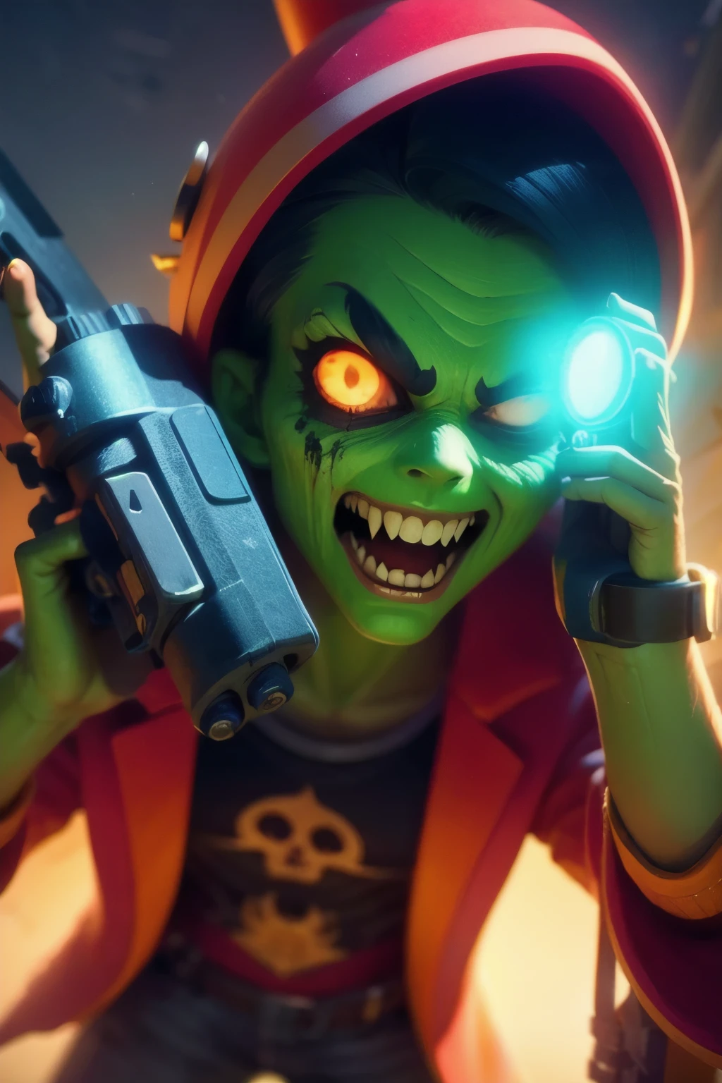 a close up of a person holding a gun and a flashlight, ((a hotting zombie, Monster, horror)) , brawl stars, splash art brawlstars, epic art style, blaster fire bright as neon, game character, in game style 8k, merged character, fortnite art style, stylized character, holding a blaster, slick clammy skin, clash royal style characters, mobile game style, new character