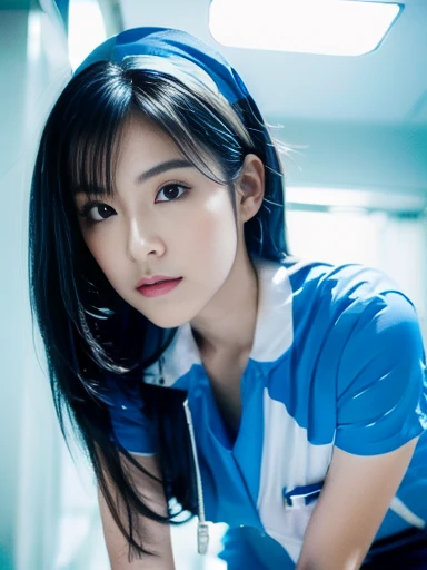 (( top quality , 8k, The pieces fly: 1.3)), Beauty,  one Japanese girl,  Nurse, whole body,  Perfect Anatomy,  standing,  black hair,  dull bangs, Lower ponytail, 20 years old,  face focus,  detailed face ,  very detailed lips,  beautiful eyes,  sweaty skin: 1.2,  Nurse uniform,  Light Blue Dress,  Nurse cap,