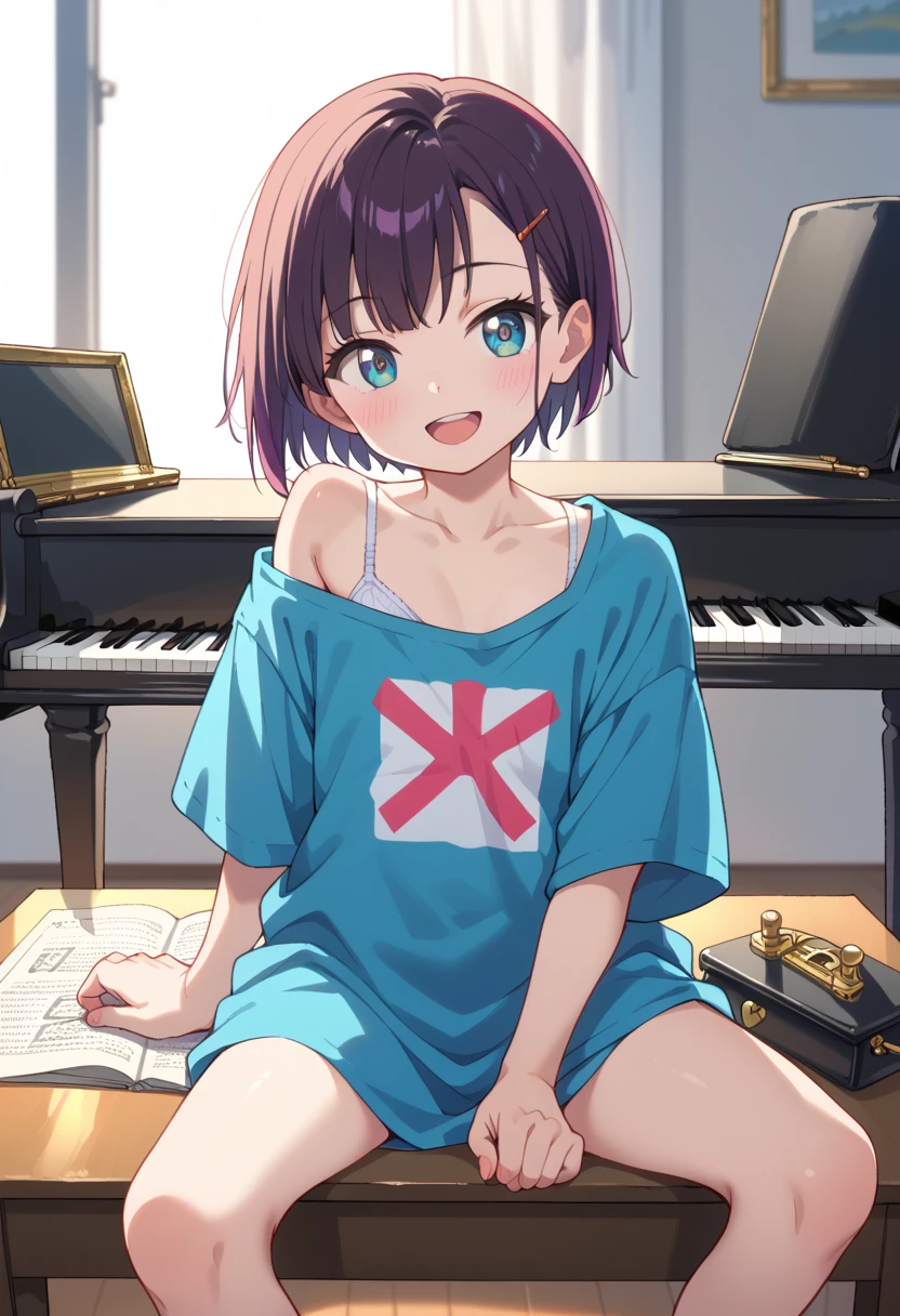 (( top quality )), ((masterpiece)), (be familiar with),  perfect face, indoor, bedroom,  Watching Viewers ,
One woman, Mikazuki Kan,
 open mouth,  ecstatic expression beside the piano, blush, smile,
 small ,  flat chest, Young girl, Lori,  kids,  girl,
Short Hair,  Shorthair,
Leg spread,