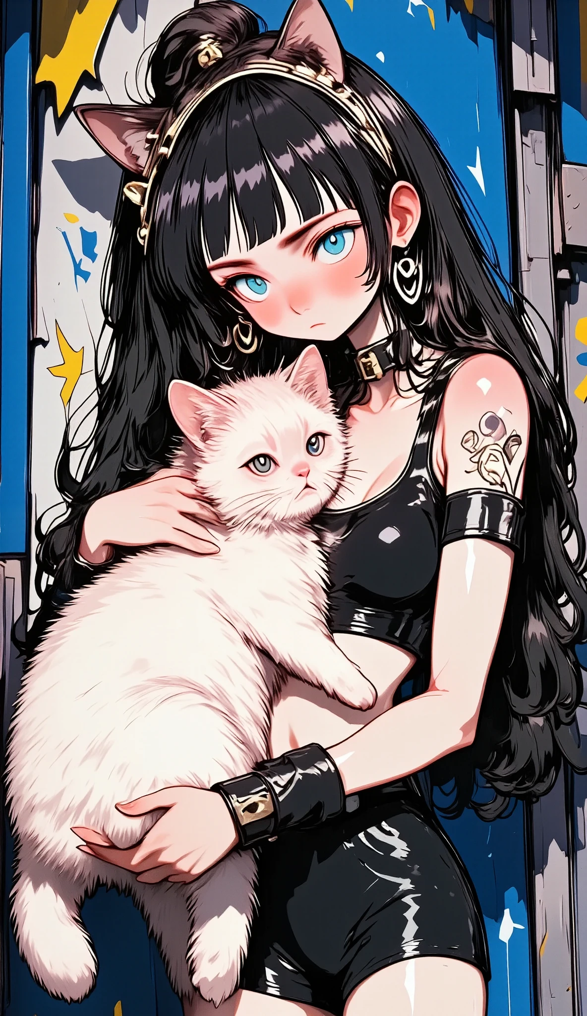 a woman in a black leather outfit with an open chest, thick lips, gafas rosadas abrazando a un gato blanco y peludo:1.3, depressed expression, 20 years old, long black hair, rosy cheeks, pink lips, long straight hair with bangs, simple background, (best quality,4k,8k,highres,masterpiece:1.2),ultra-detailed,(realistic,photorealistic,photo-realistic:1.37),studio lighting,extreme detail description,vivid colors,portrait