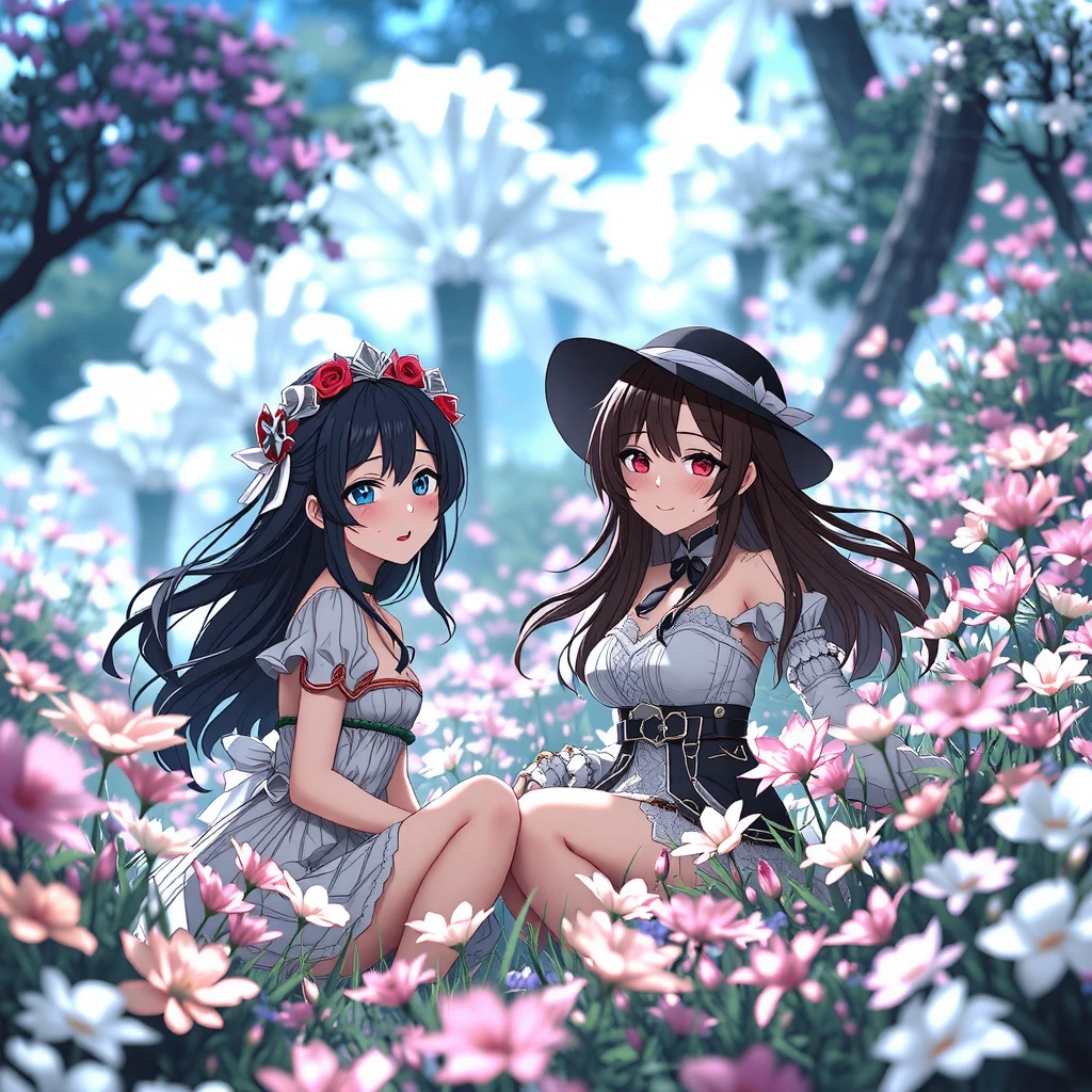 女の子1人、blue ribbons、鎖骨、florals、Hats、Windy, That's why I'm wearing a hat、Yawning face、Longer dress、length hair、purple color hair、bow ribbon、Sleeveless、a straw fedora hat、Eye Up、yellow eyes、yellow flower、There is a flower in the foreground、Petals are fluttering、butterflys々is flying、kawaii pose