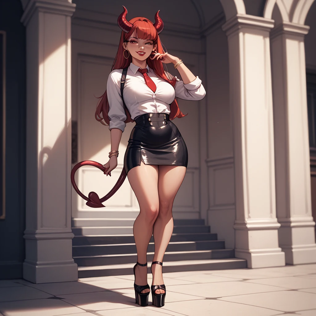 girl in short skirt, neckline, platform heels and demon tail posing sexy