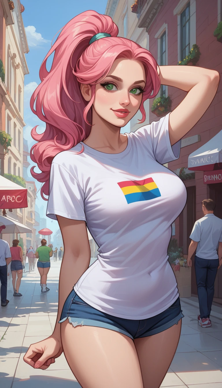    Cartoon of a girl      , Alone, Sensual,    green eyes, (  pink hair,pink hair, long bicolor hair with a ponytail ),  detailed face   ,olhos grandes,(  shirt with colors of the German flag , short dolphin branco curto ),pose sexy,  medium breast, Harmony,   thick thighs  , sorriso Sensual discreto, forehead, Slight head curvature   ,corpo sexy, at an evening street party , Pose for TikTok  