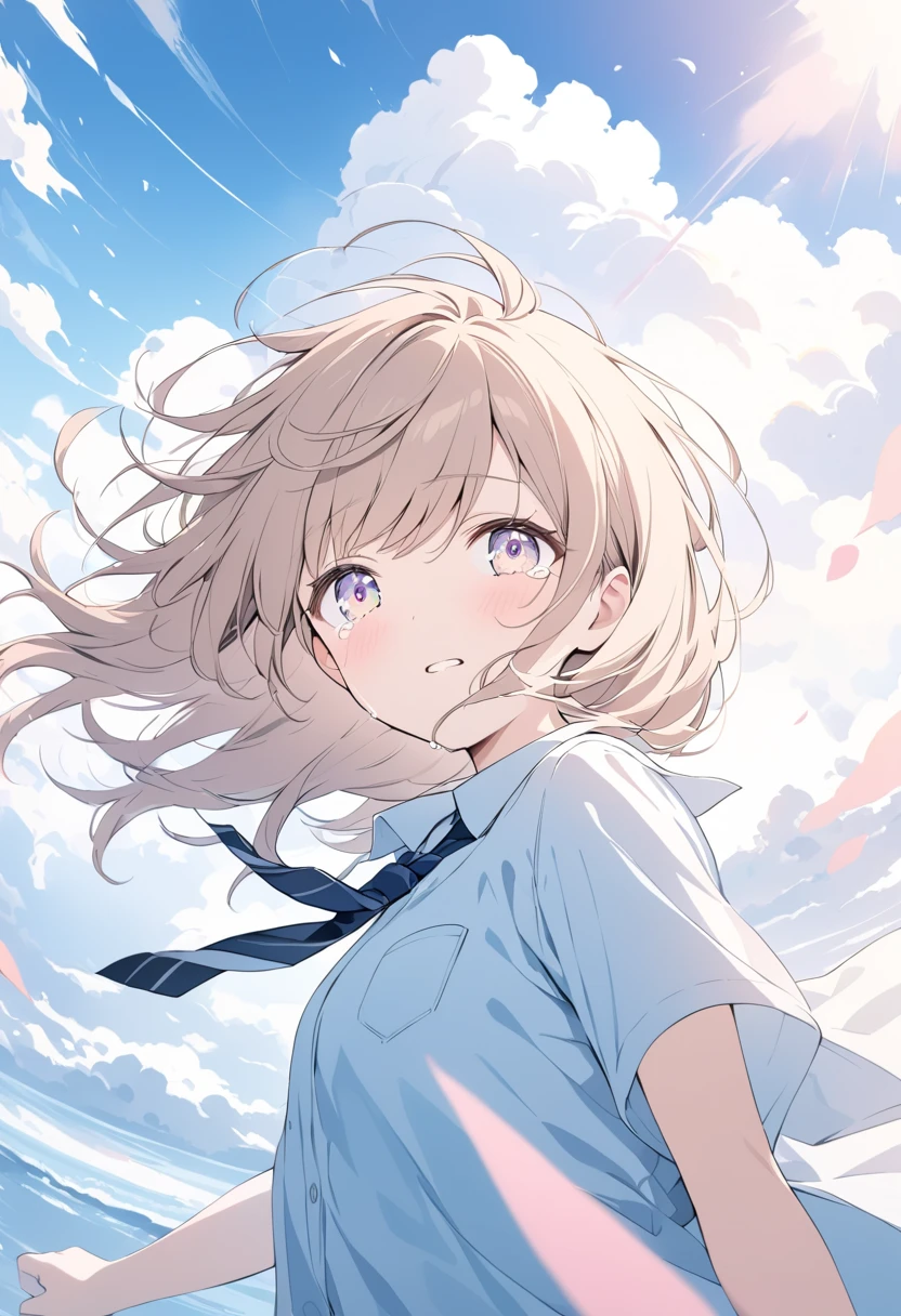 ((pastel、 Watercolor Style ))、1 female, relax , cutter shirt in disguise , ties, wind blow up from below,Hair that floats up , ,diagonal, gradation eye ,Crying face,tears,sorrow, Moderate Blur , Strong vignette , soft-colored illustration where only the head is visible , low angle, looks up,The background is sunny,Big Clouds, Light Through the Clouds ,On the way to clear up . masterpiece, top quality , exquisite,8k, absurd, Super Detailed Illustration ,( viewers )