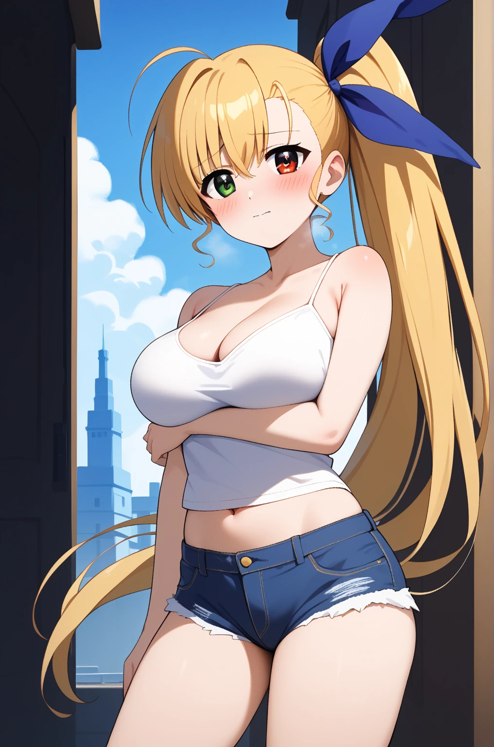 masterpiece,best quality,{{detailed beautiful face and eyes}},
Vivio,{{{megami magazine}}},long hair,blonde hair,ahoge,side ponytail,hair ribbon,heterochromia,grenn eyes,red eyes,large breasts,
camisole, bare shoulders, cleavage, crop top, cutoffs, denim shorts, midriff, short shorts, spaghetti strap,
1woman,(is embarrassing,big blush,closed mouth,steam:1.0),
((standing,cowboy shot,looking at viewer,breast hold:1.2)),
(night city background:1.0),clothed