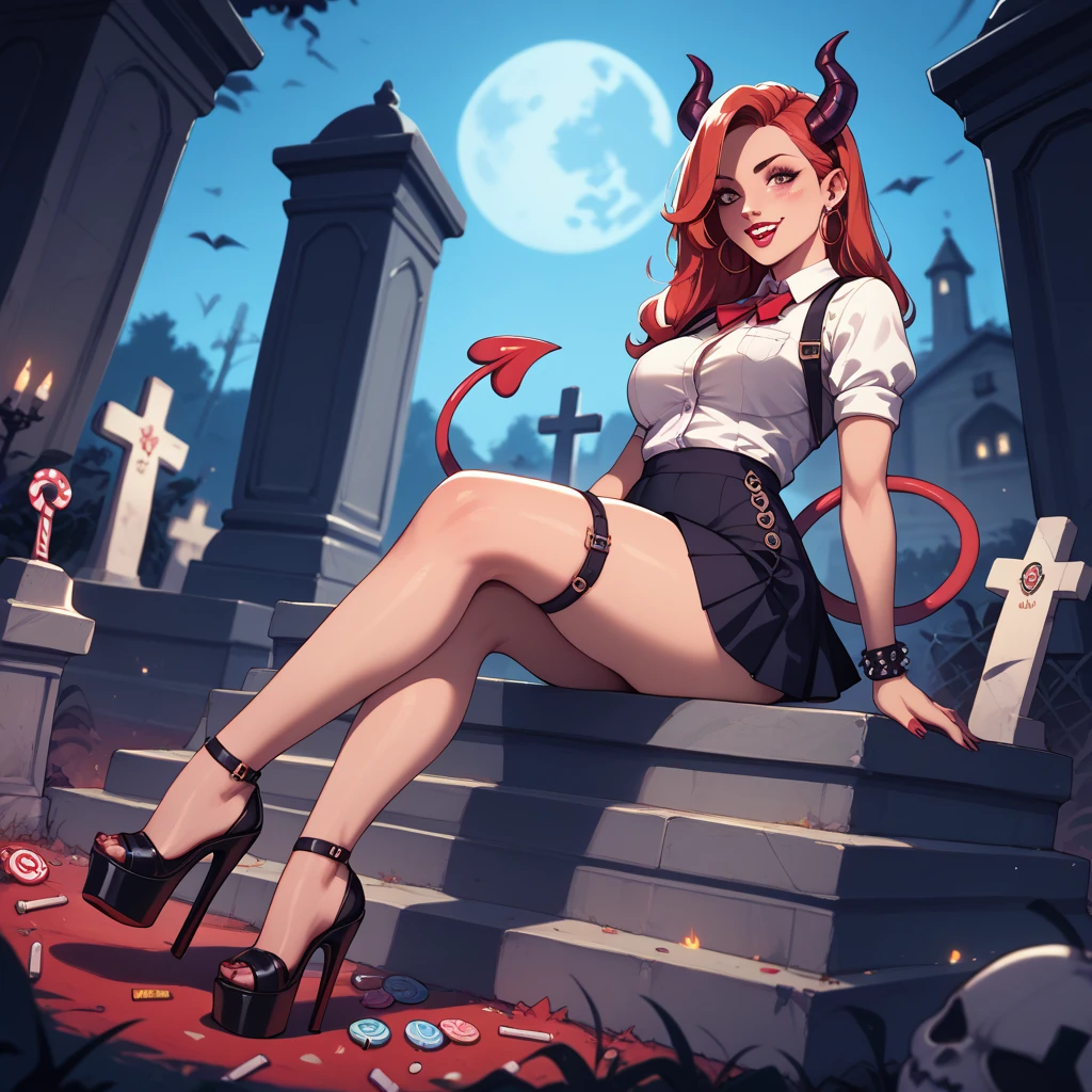 girl in short skirt, neckline, platform heels and devil's tail asking for candy at midnight in a cemetery