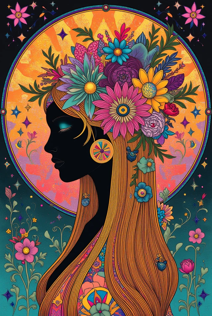 a woman with long hair and flowers in her hair, Hippie girl , Beautiful retro art,  midsummer hippie , 70s vibe, 1960s flower power hippy, groovy vibe , art deco flower shaman, woman in flowers, Lots of atmosphere, flower , 70s psychedelic style, 7 0 s vintage art,  psychedelic art nouveau, Integrated into the design in ArsMj style , Art Deco, in the style of james jean