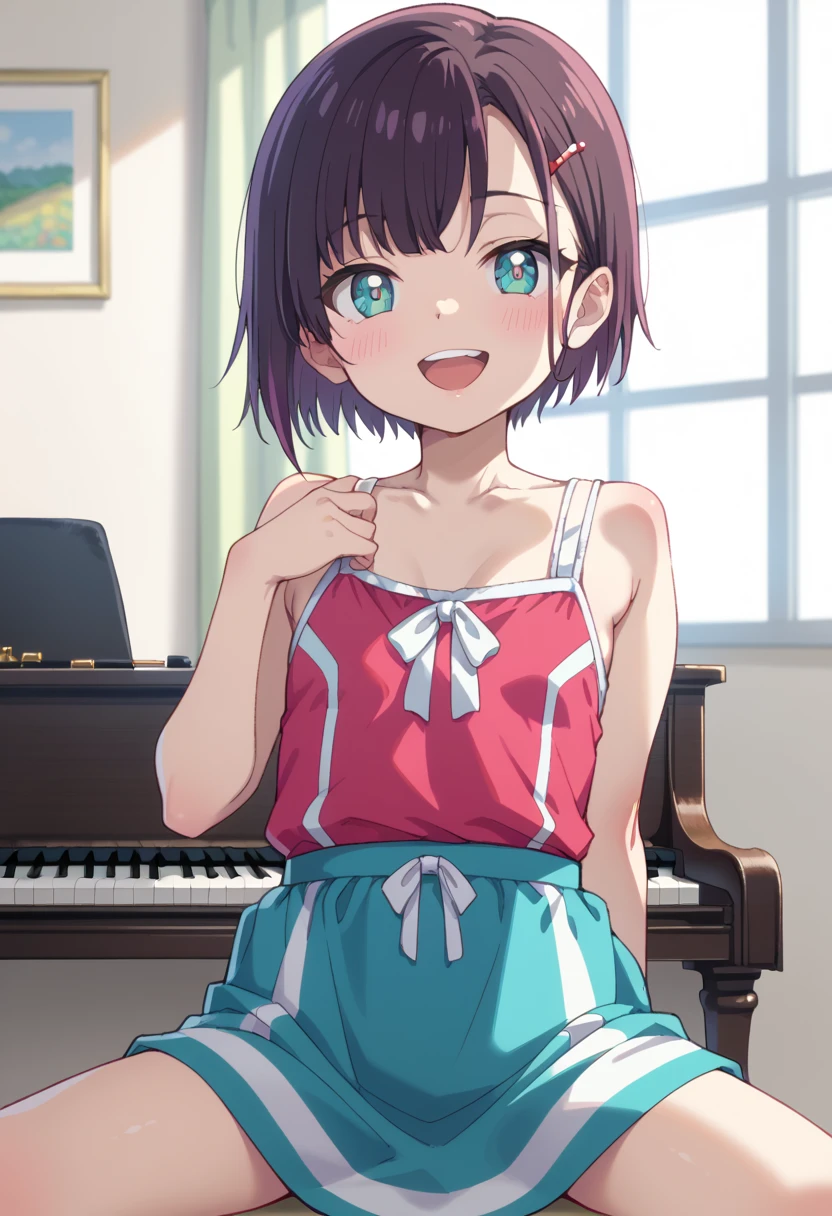 (( top quality )), ((masterpiece)), (be familiar with),  perfect face, indoor, bedroom,  Watching Viewers ,
One woman, Mikazuki Kan,
 open mouth,  ecstatic expression beside the piano, blush, smile,
 small ,  flat chest, Young girl, Lori,  kids,  girl,
Short Hair,  Shorthair,
Leg spread,