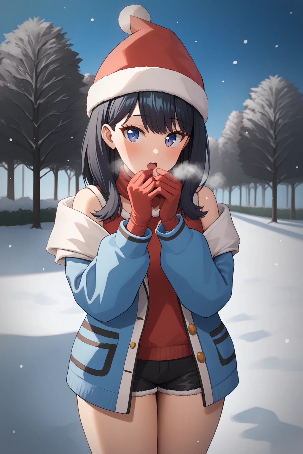 score_9,score_8_up,score_7_up, source_anime, winter, snow, snow field, (((outdoors))), (((park))), night, looking_at_viewer, red cheek, open mouth, She is breathing to white breath has both hands on mouth, knit red gloves, knit white scarf, takarada_rikka, standing, 1girl, solo, simple red christmas costume, santa hat, Off-Shoulder, ((Red Booty shorts)), christmas, thighs, masterpiece, best quality, very aesthetic, ultra detailed, absurdres, 