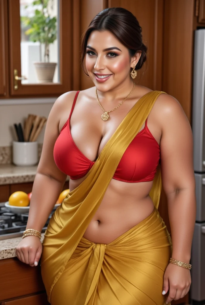 Hd realistic photo of Voluptuous Mature Indian desi Aunty with dusky skin, wearing very deep low neck red shining silk blouse and reflective glossy shining gold transparent Saree, showing her large  Cleavage and navel,nipples projection over blouse,Red Sindoor on her forehead, Hair messed up, nice curves, standing in a beautiful kitchen,red lips,big breast, huge breast, big ass, huge ass, big thighs, bulging ass, full body image,side view of women

Her hair is neatly pulled back into a bun. She accessorizes with simple gold jewelry, including a gold chain with a love symbol locket and matching earrings.