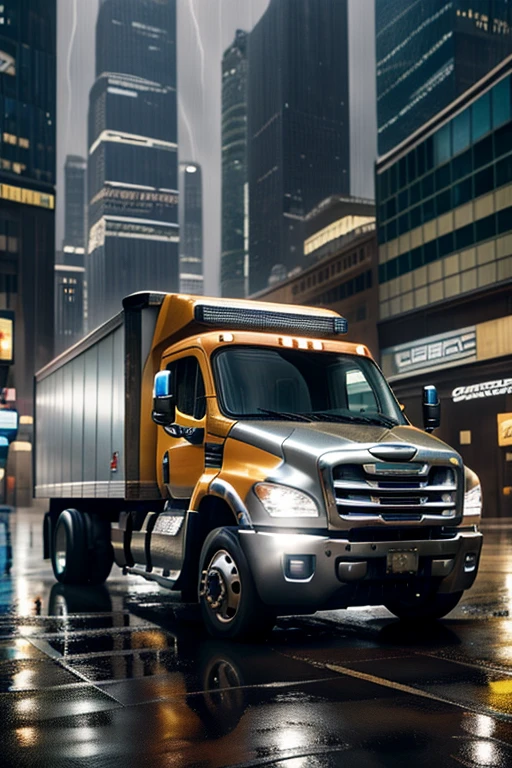 A Freightliner truck in the city roads, rainy conditions