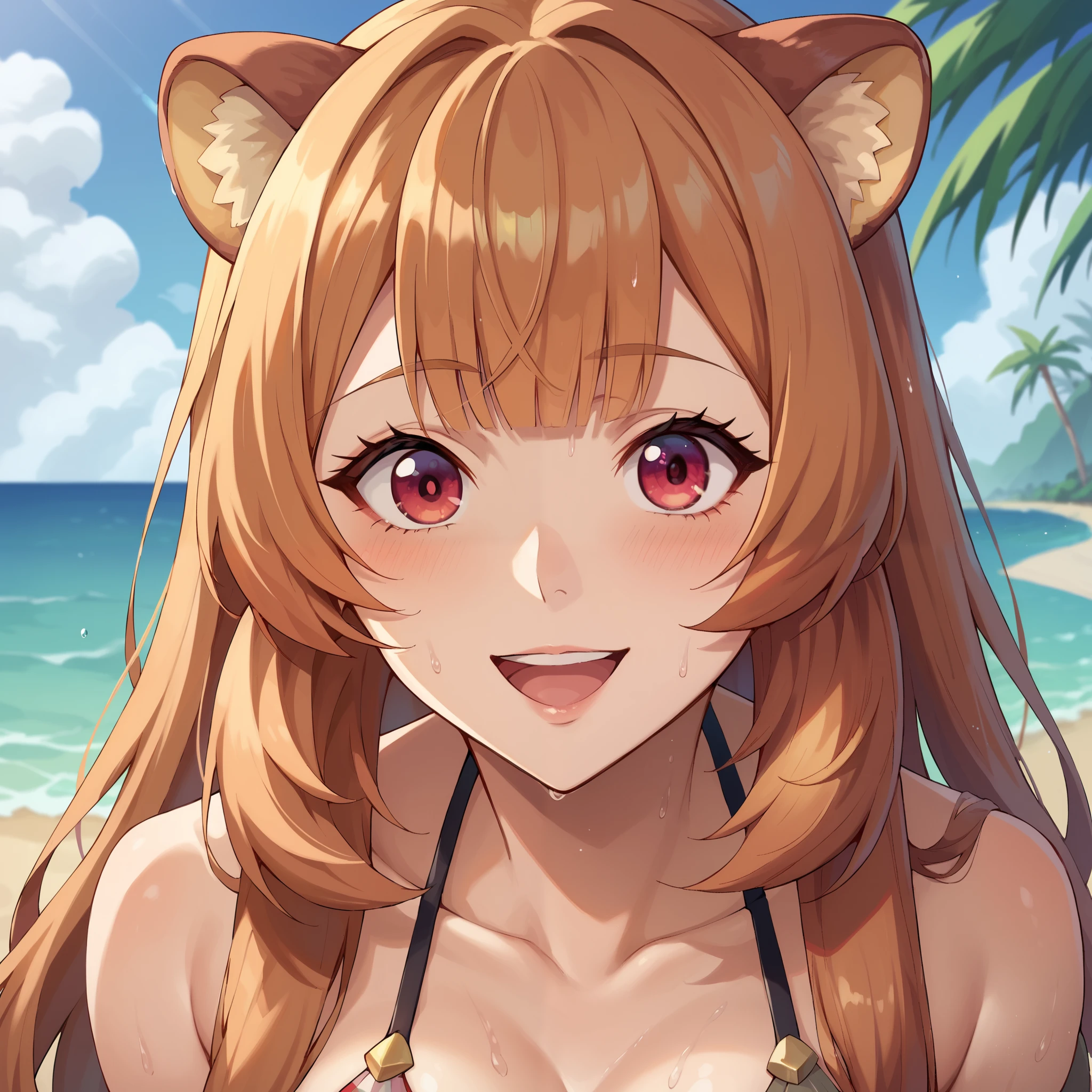 raphtalia, Orange hair red eyes, orejas de animal, happy smile, , big breasts, pale skin,  wet body animal ears, metallic bikini,   tropical beach background