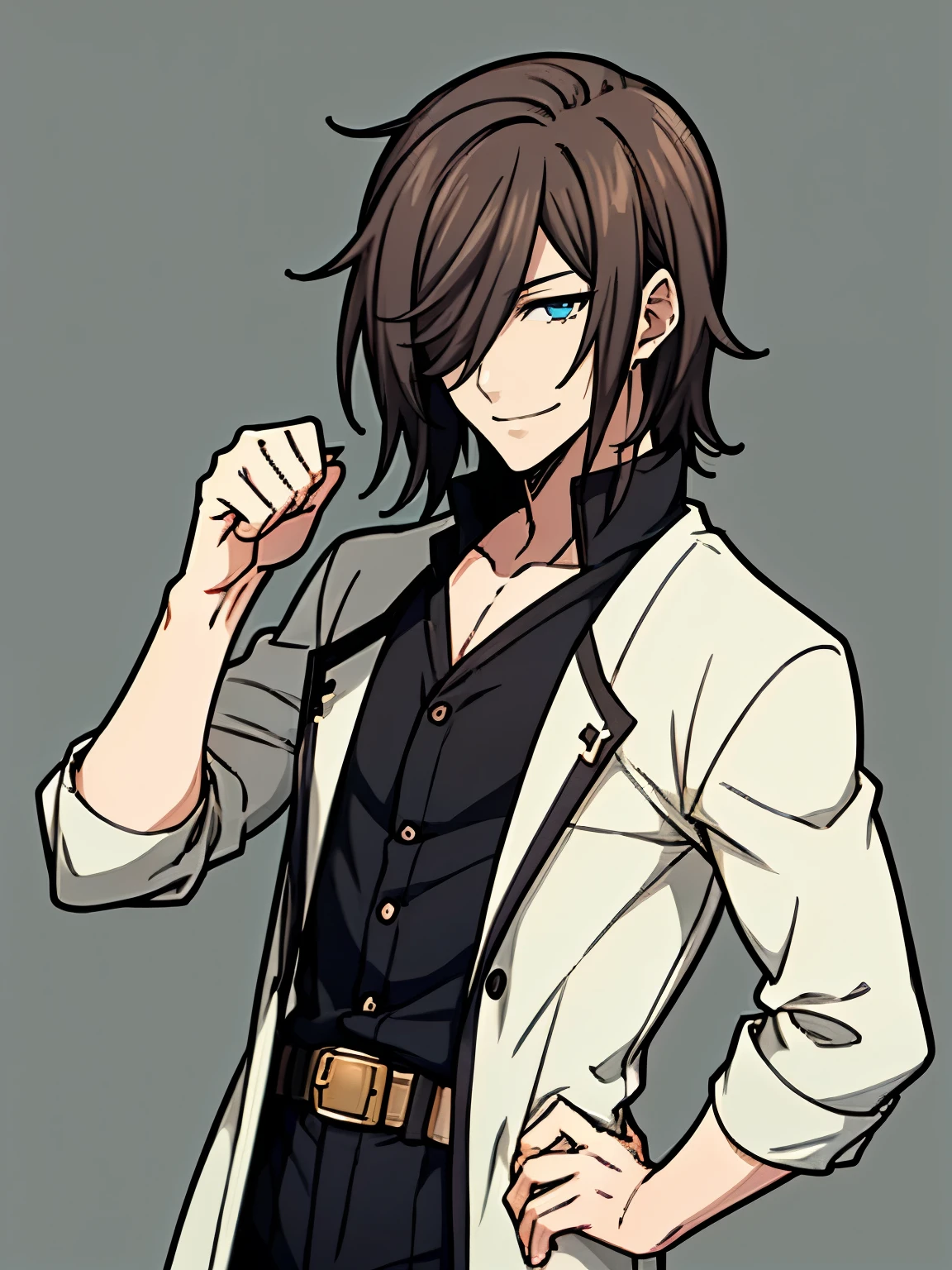 clenched fist,Male, Brown hair, Looking at camera, Smiling, Detective outfit, Smiling face, Blue eyes, Medium hair, Fantasy outfit, One male, Portrait, Cowboy shot, Echo portrait, Score_9, Score_8_up, Score_7_up, Source_anime, Break, White background, Slanted eyes, No background, One hand on hip, Highlight on eye, Hiding one eye, ((Tall mal)),upper body,Handsome guy