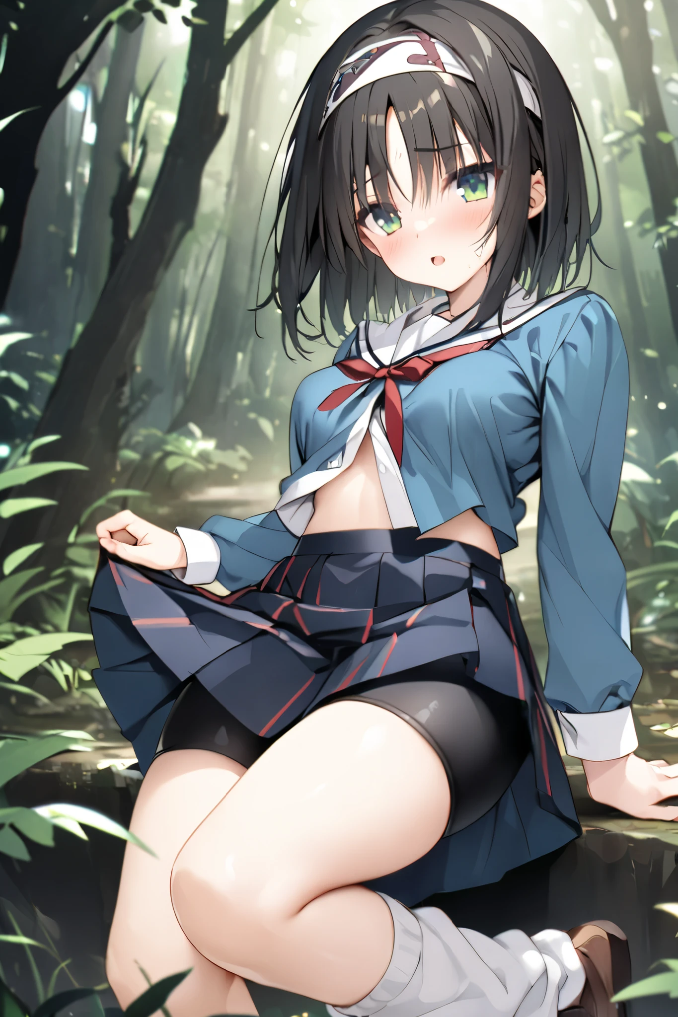 NSFW,masterpiece, top quality , high res, very detailed,Hitachi Moko、Yuzu Soft、 black hair、 medium hair、Green Eyes、 、 medium bust、 School Uniforms、side lock、short hair and long rock 、 headband、Tassel、 white sailor color 、 blue jacket、 cropped jacket 、Sleeveless、Red ribbon、 shirt、白 shirt、 Long Sleeve 、 skirt、青 skirt、フリル skirt、 black shorts、ショートパンツアンダー skirt、 bike shorts、 white socks、 Loose Socks 、shoes、Brown footwear, in the woods