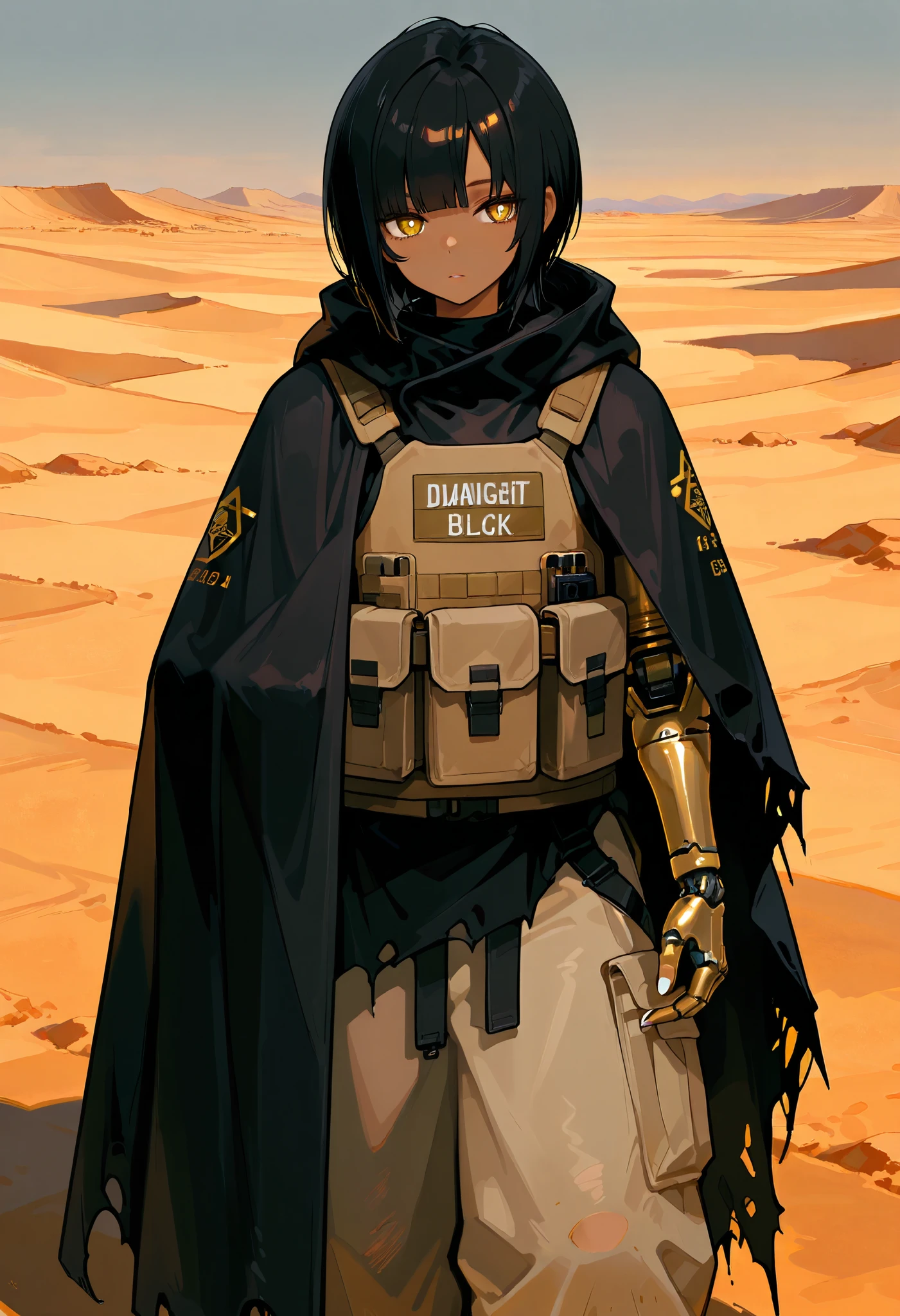 748cm, 1girl, black hair, gold eyes, torn cloak, big cloak, plain black cloak, bright pupils, tanned, white nails, short hair, blunt bangs, sideswept bangs, baggy pants, brown tactical vest, prosthetic left arm, masterpiece, best quality, amazing quality, very aesthetic, absurdres, newest, desert