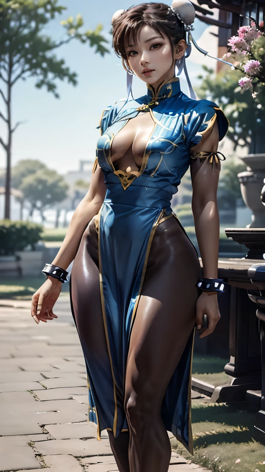 ChunLi, Wide hips, Curvy Beauty, Long Legs,  beautiful  eyes,  beautiful , whole body, thick ,  sexy Chun Li costume,  claws body  , bikini,  Chinese house background  