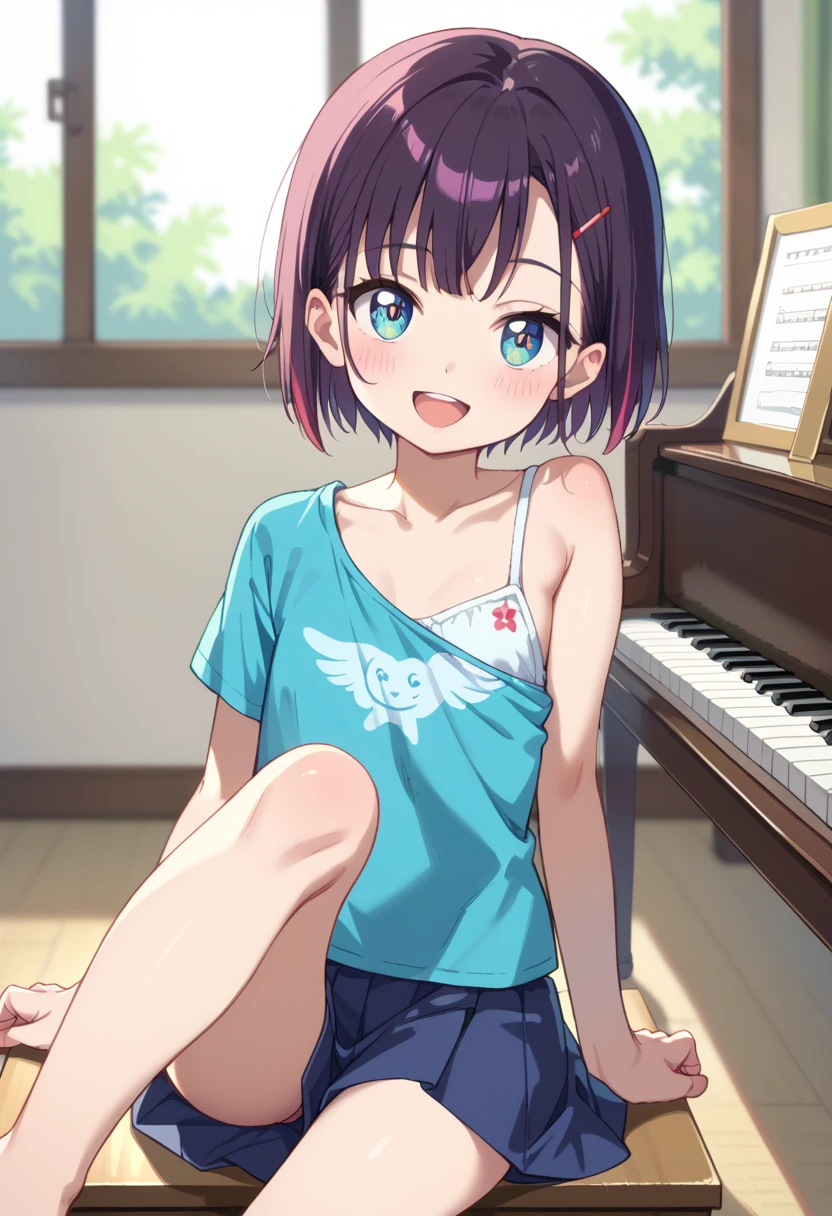 (( top quality )), ((masterpiece)), (be familiar with),  perfect face, indoor, bedroom,  Watching Viewers ,
One woman, Mikazuki Kan,
 open mouth,  ecstatic expression beside the piano, blush, smile,
 small ,  flat chest, Young girl, Lori,  kids,  girl,
Short Hair,  Shorthair,
Leg spread,