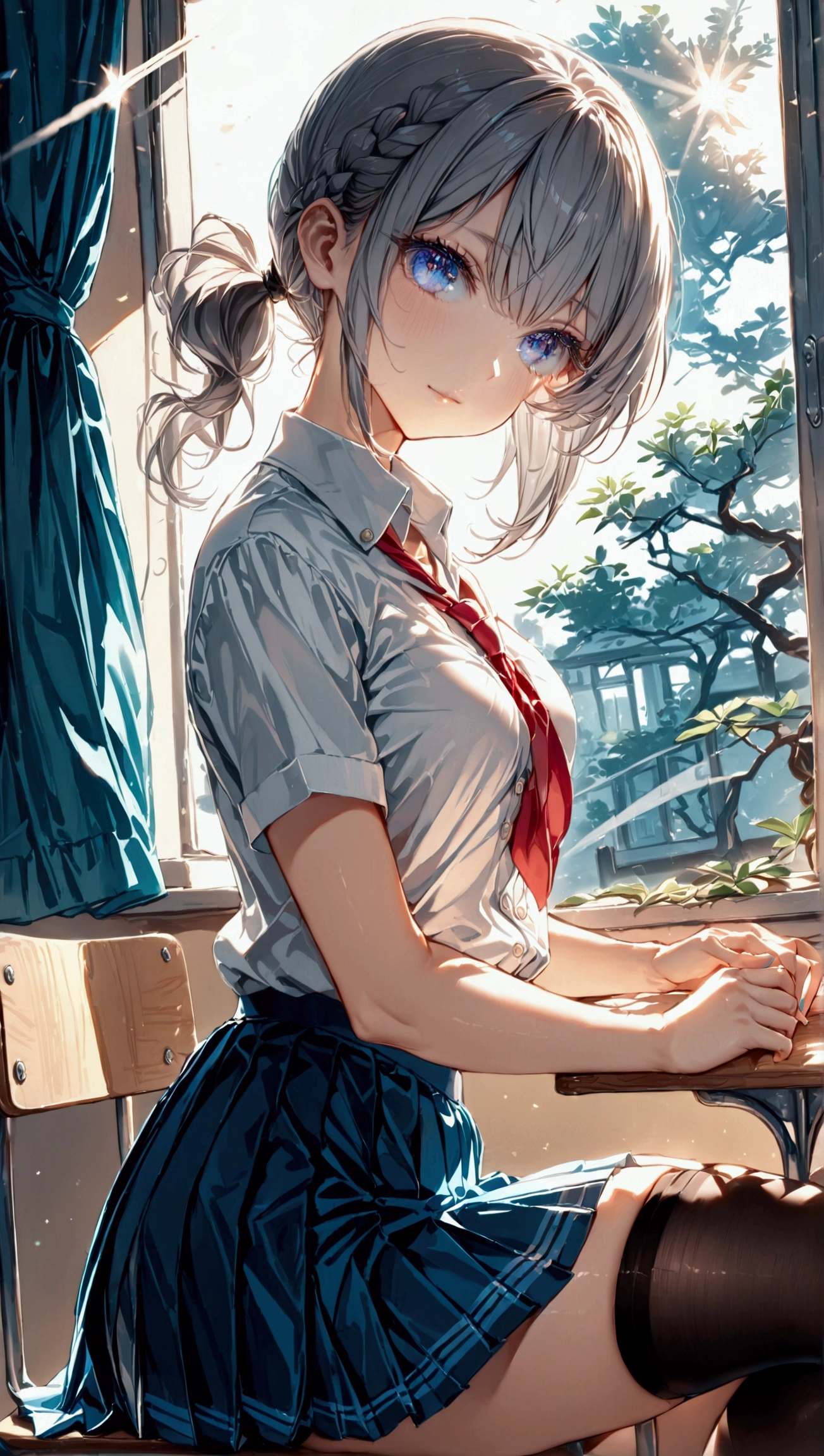 1 Girl, School girl, student, dark blue pleated skirt, skirt, white button shirt that's tucked, black thigh highs, stockings, short hair, grey hair, braided side to ponytail, short ponytail, asymmetrical bangs, turquoise eye color, turquoise eyes, human, cute, sexy, front facing, facing camera, facing viewer front, view, sitting, sitting on desk, legs crossed, classroom, window, sunlight, one arm behind head, cute pose, full body, master piece, best quality, sharp lines, 8k, 8k Ultra HD, bokeh, blurred back ground, f/2.8 Aperture, depth of field