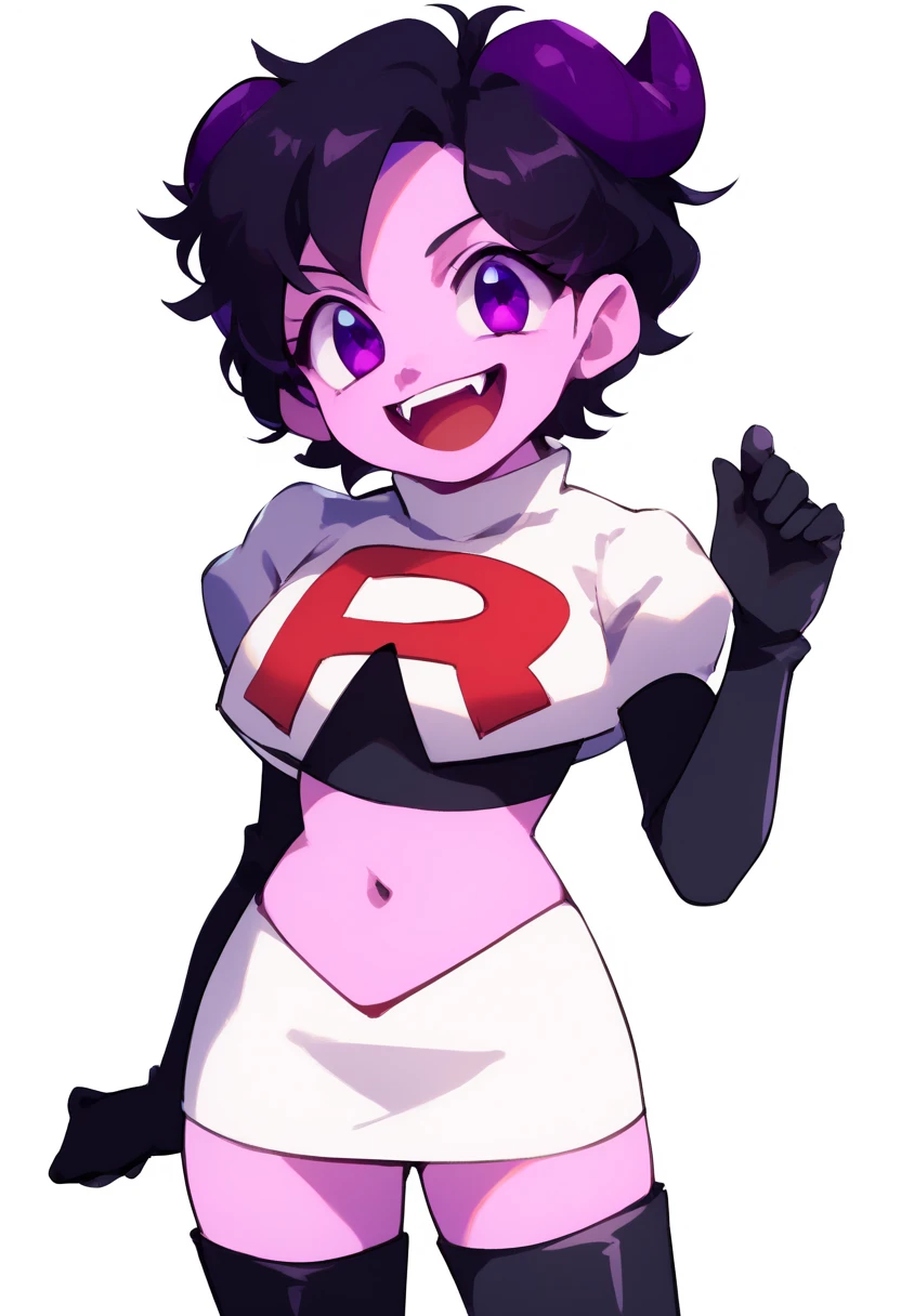 jellybean_yt, solo, looking at viewer, smile, short hair, open mouth, black hair, 1girl, white background, purple eyes, female focus, horns, teeth, colored skin, fangs, team rocket,team rocket uniform,white skirt,red letter R,crop top,black thigh-highs,black elbow gloves, source