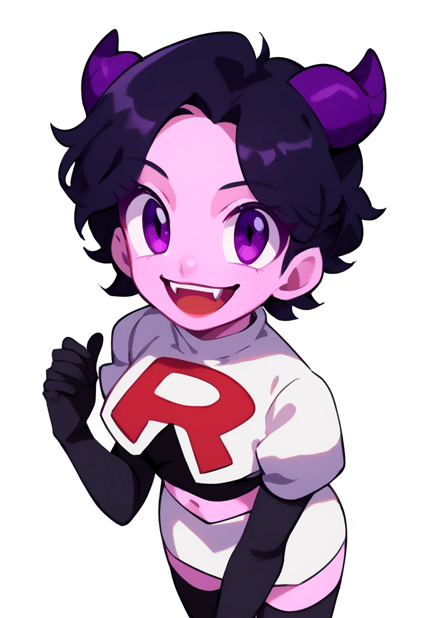 jellybean_yt, solo, looking at viewer, smile, short hair, open mouth, black hair, 1girl, white background, purple eyes, female focus, horns, teeth, colored skin, fangs, team rocket,team rocket uniform,white skirt,red letter R,crop top,black thigh-highs,black elbow gloves, source